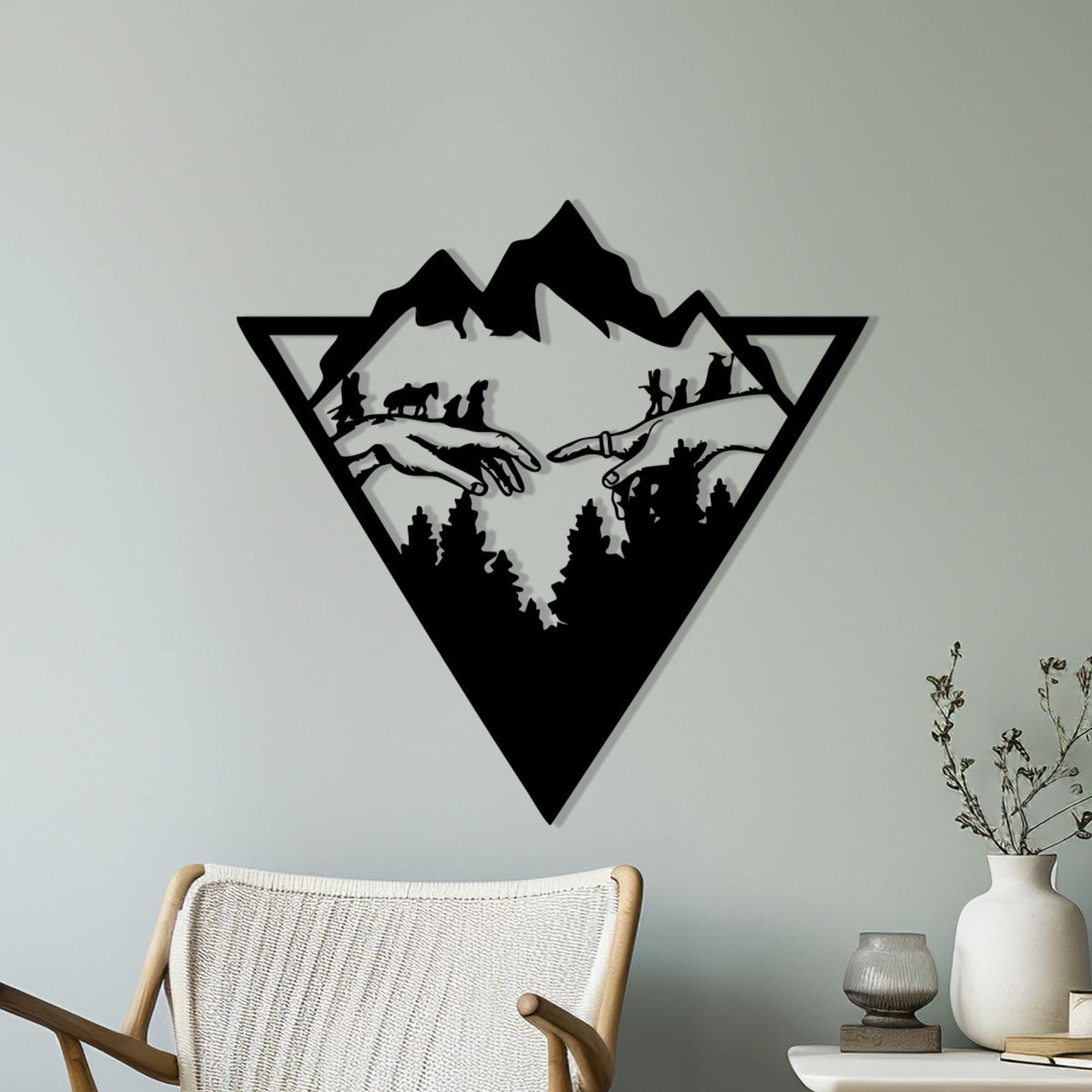 Geometric Mountain Metal Wall Art shown on a living room wall