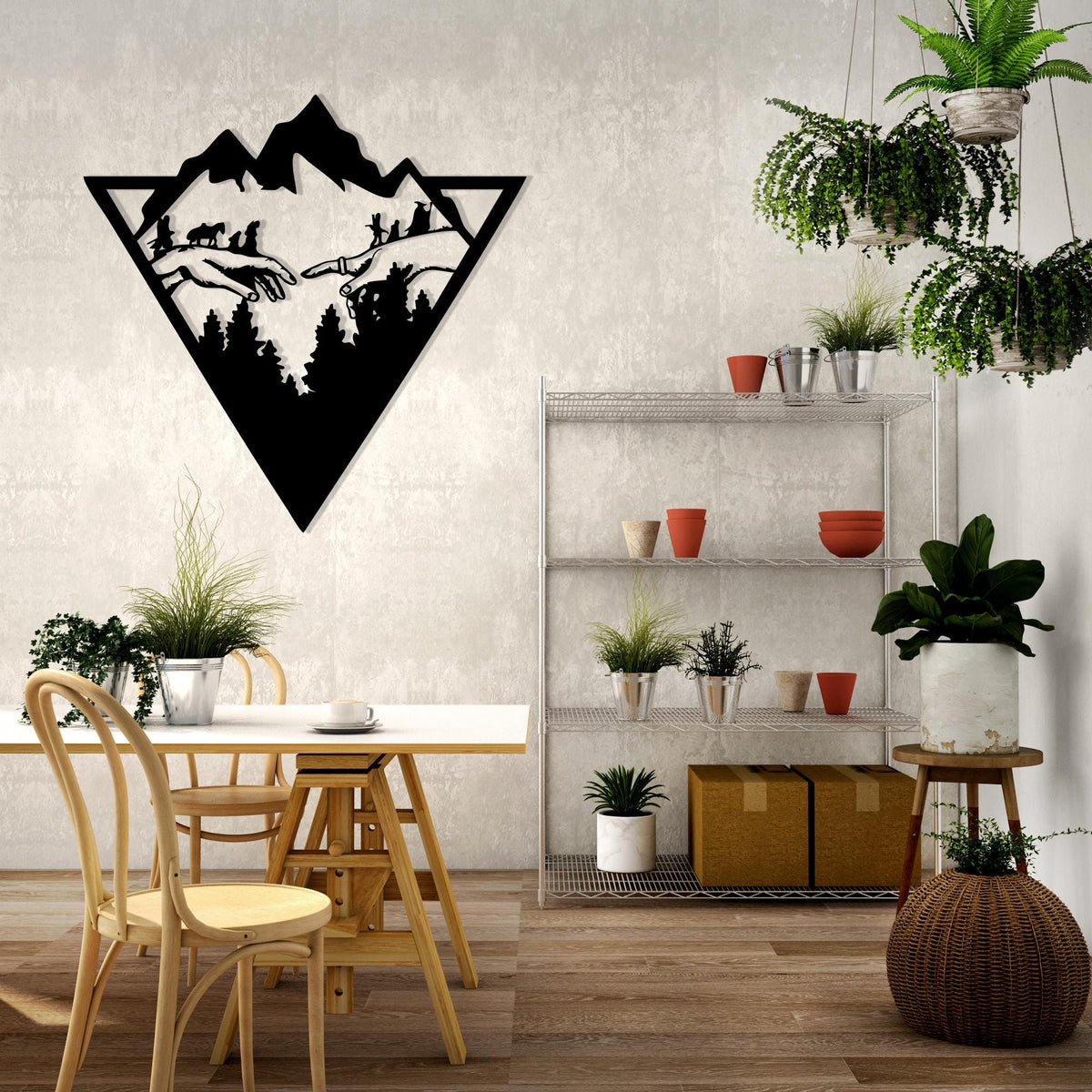 Geometric Mountain Metal Wall Art in a modern hallway