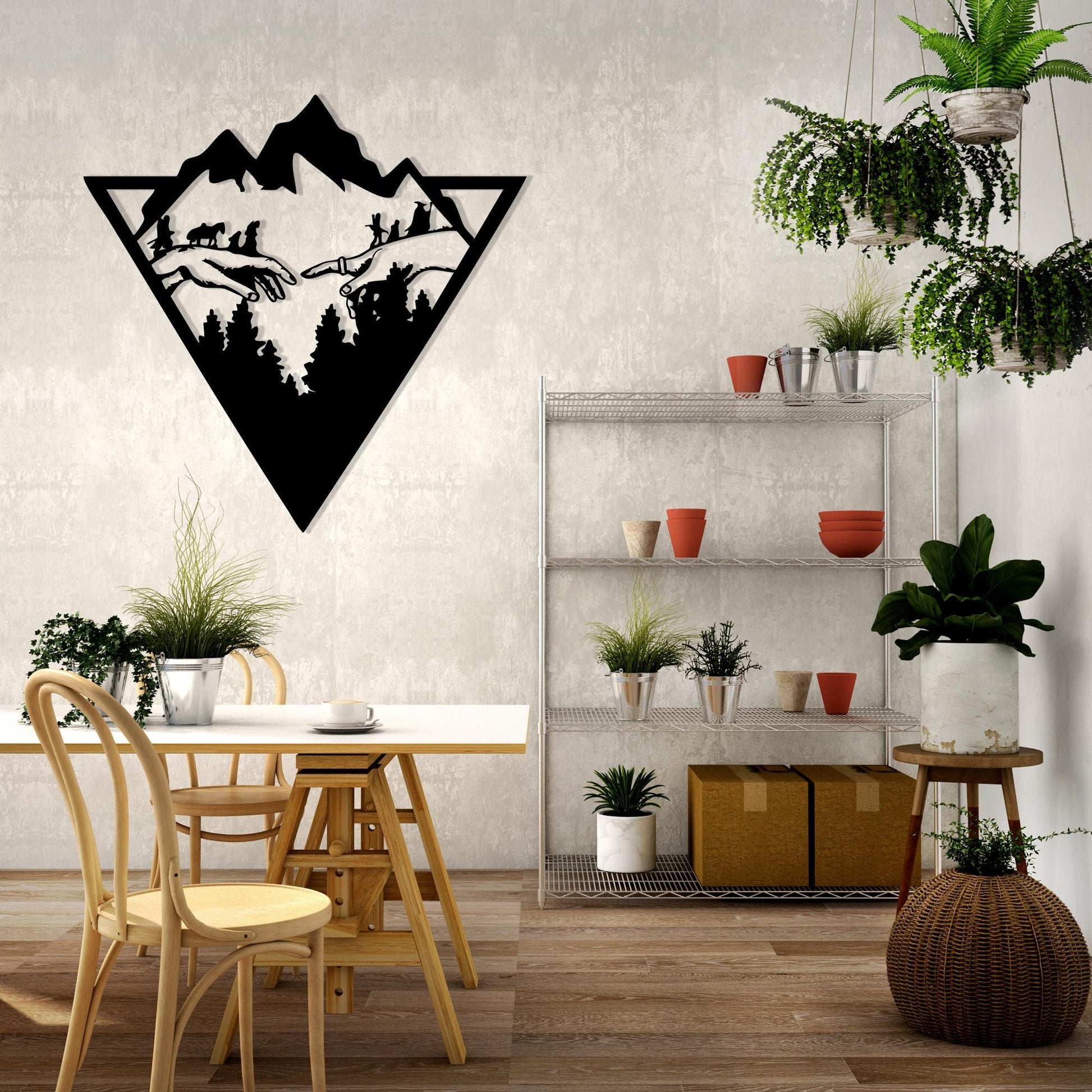 Geometric Mountain Metal Wall Art in a modern hallway