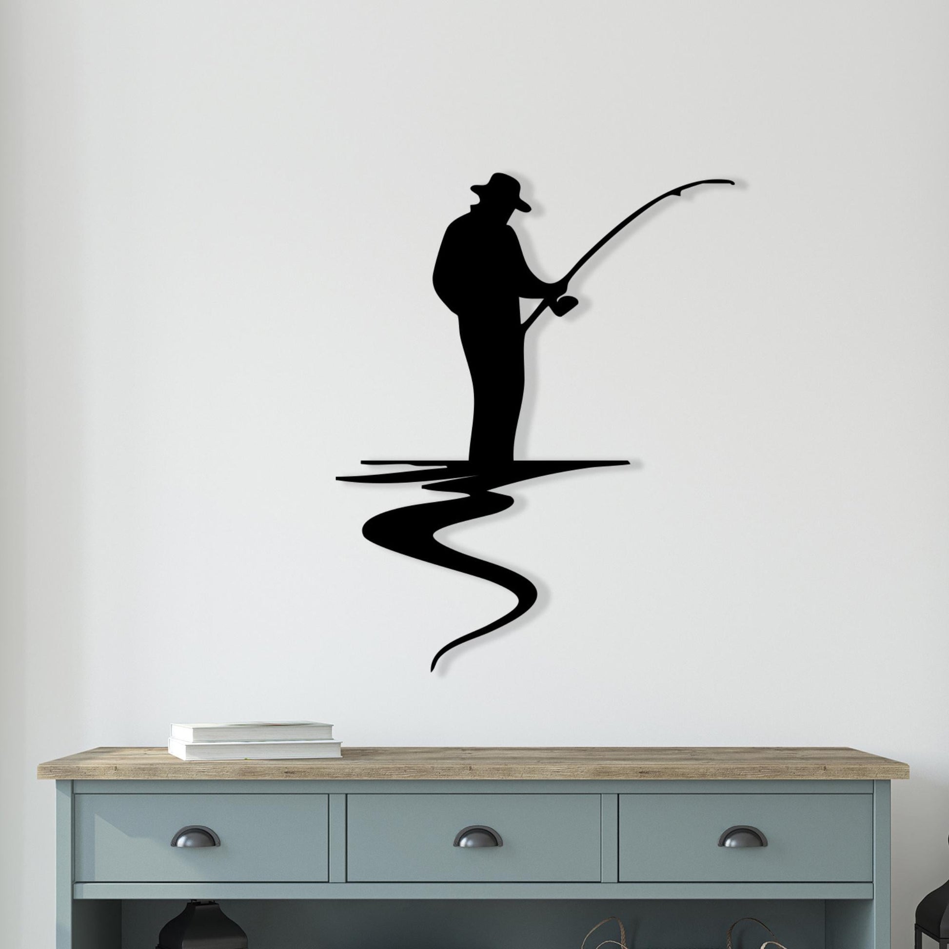 Fisherman Silhouette Metal Wall Art, Rustic Cabin Decor, Unique Birthday Gift | Wallsignature