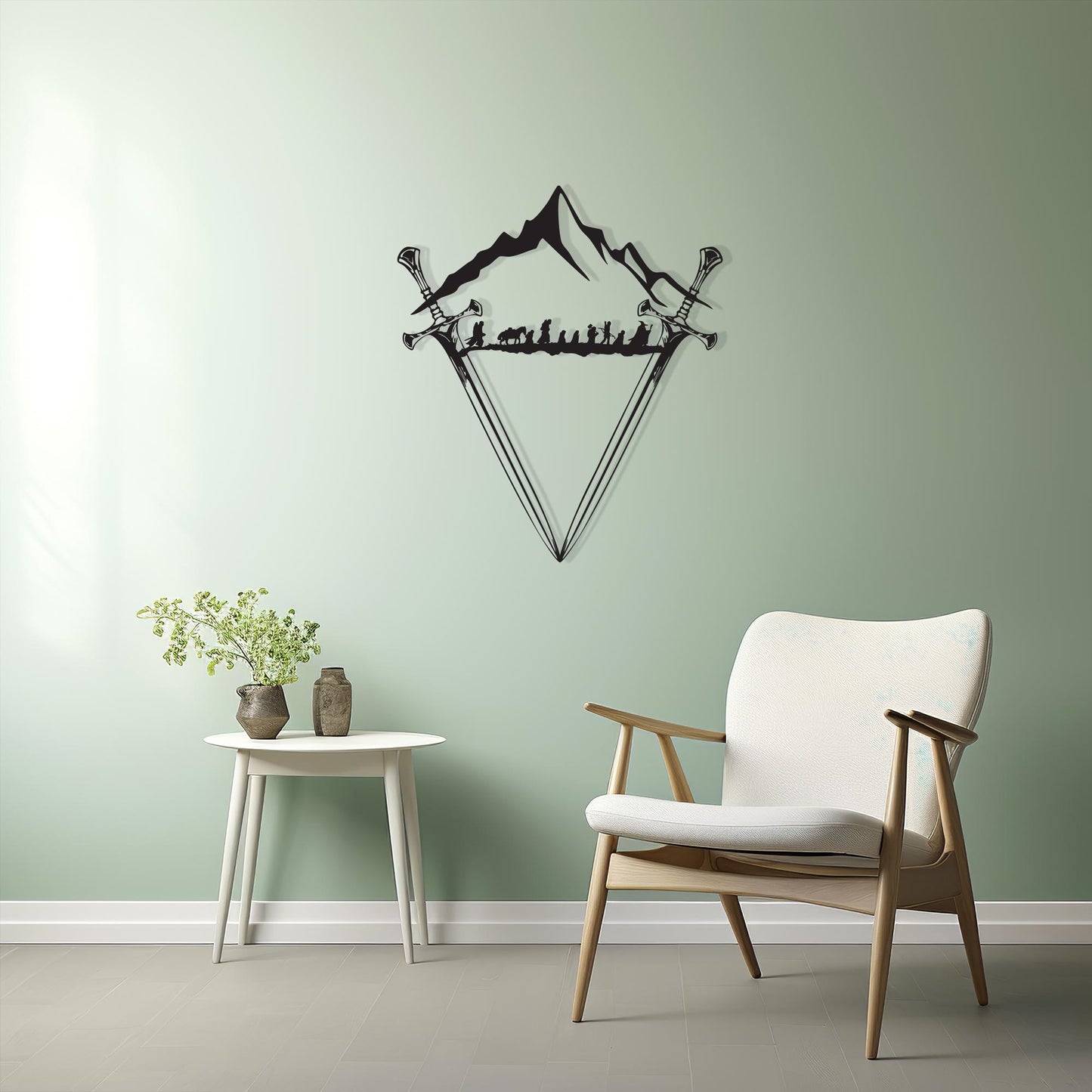 Fantasy Sword Metal Wall Art, Mountain Scene, Heroic Silhouette, Unique Birthday Gift