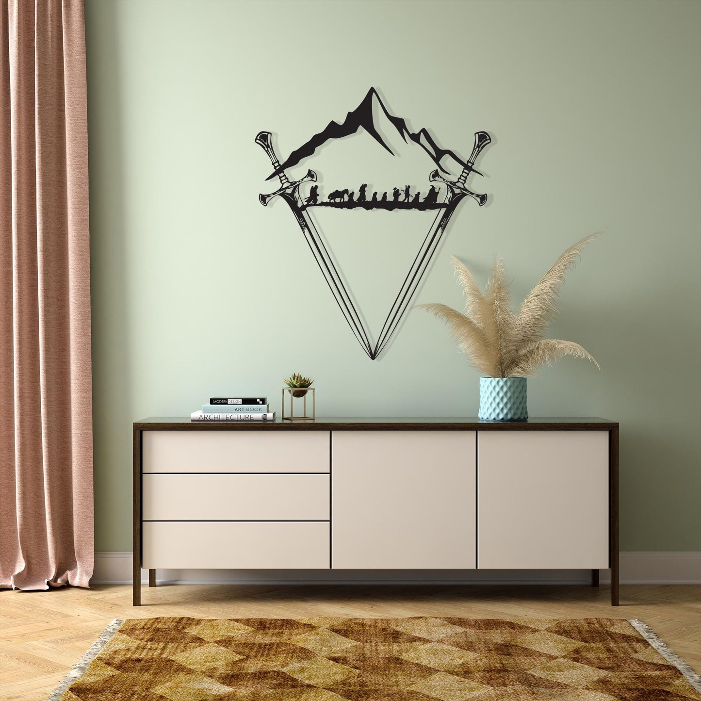 Fantasy Sword Metal Wall Art, Mountain Scene, Heroic Silhouette, Unique Birthday Gift