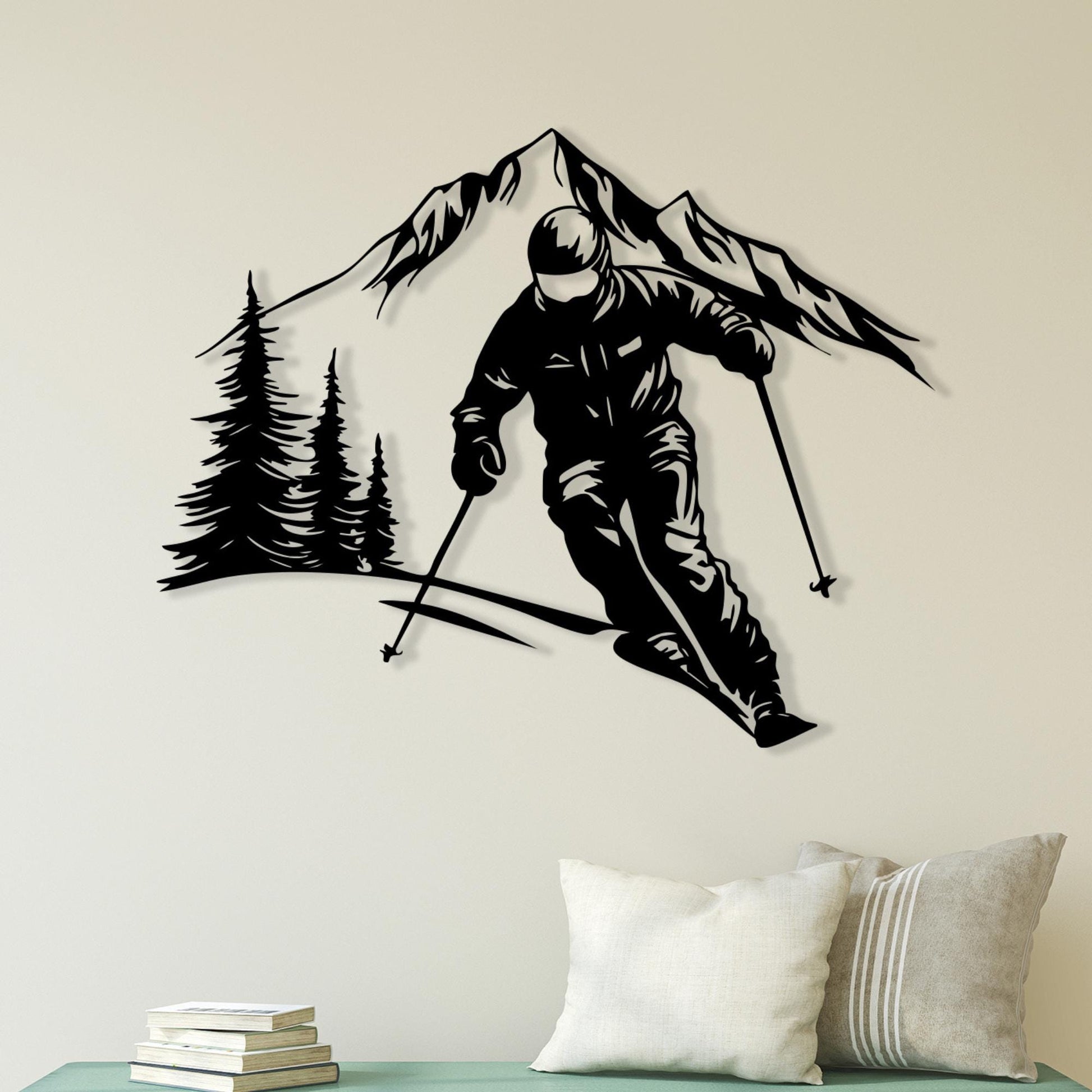 Skier and Moutain Metal Wall Art, Tree Scene Silhouette, Winter Sports Decor | Wallsignature