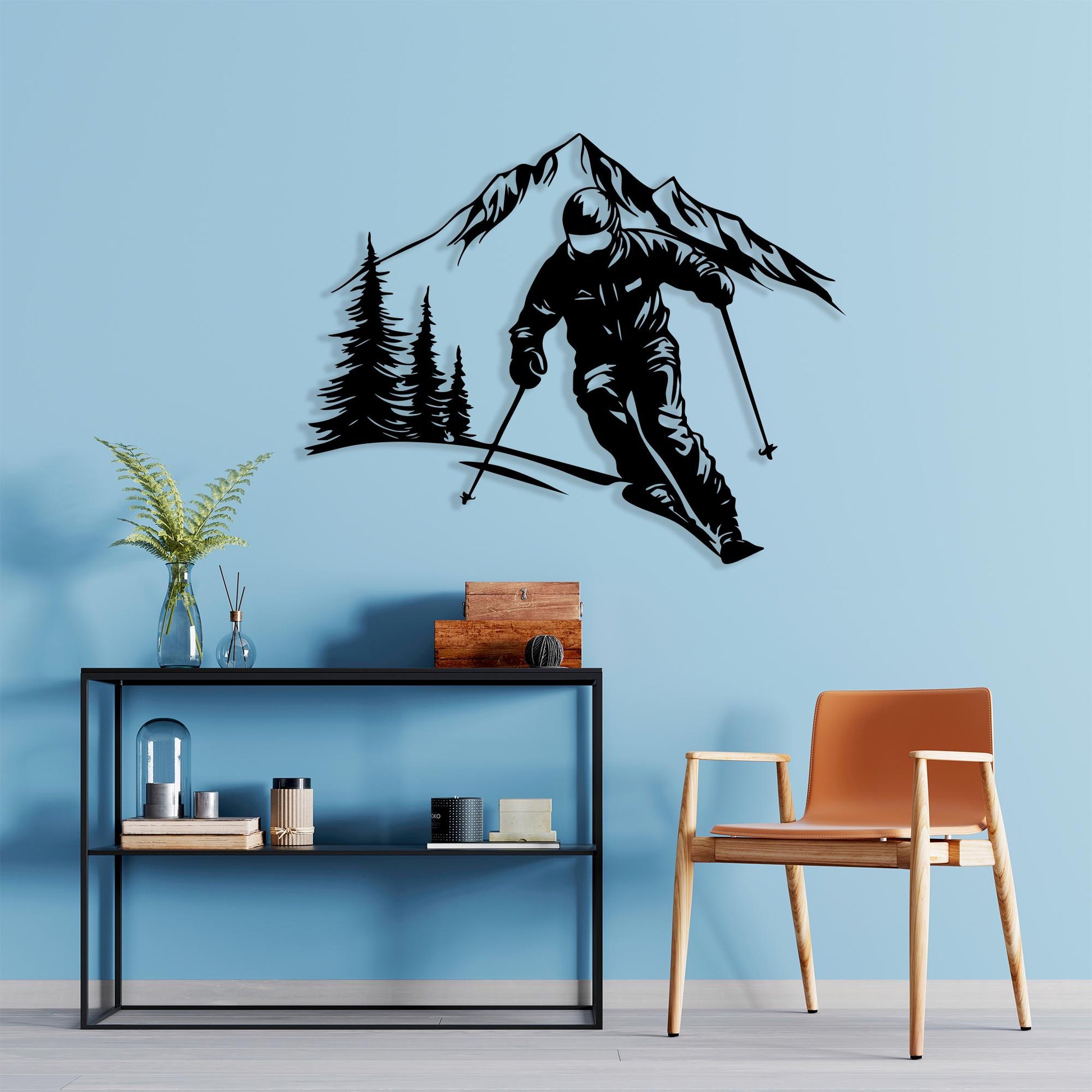 Skier and Moutain Metal Wall Art, Tree Scene Silhouette, Winter Sports Decor | Wallsignature