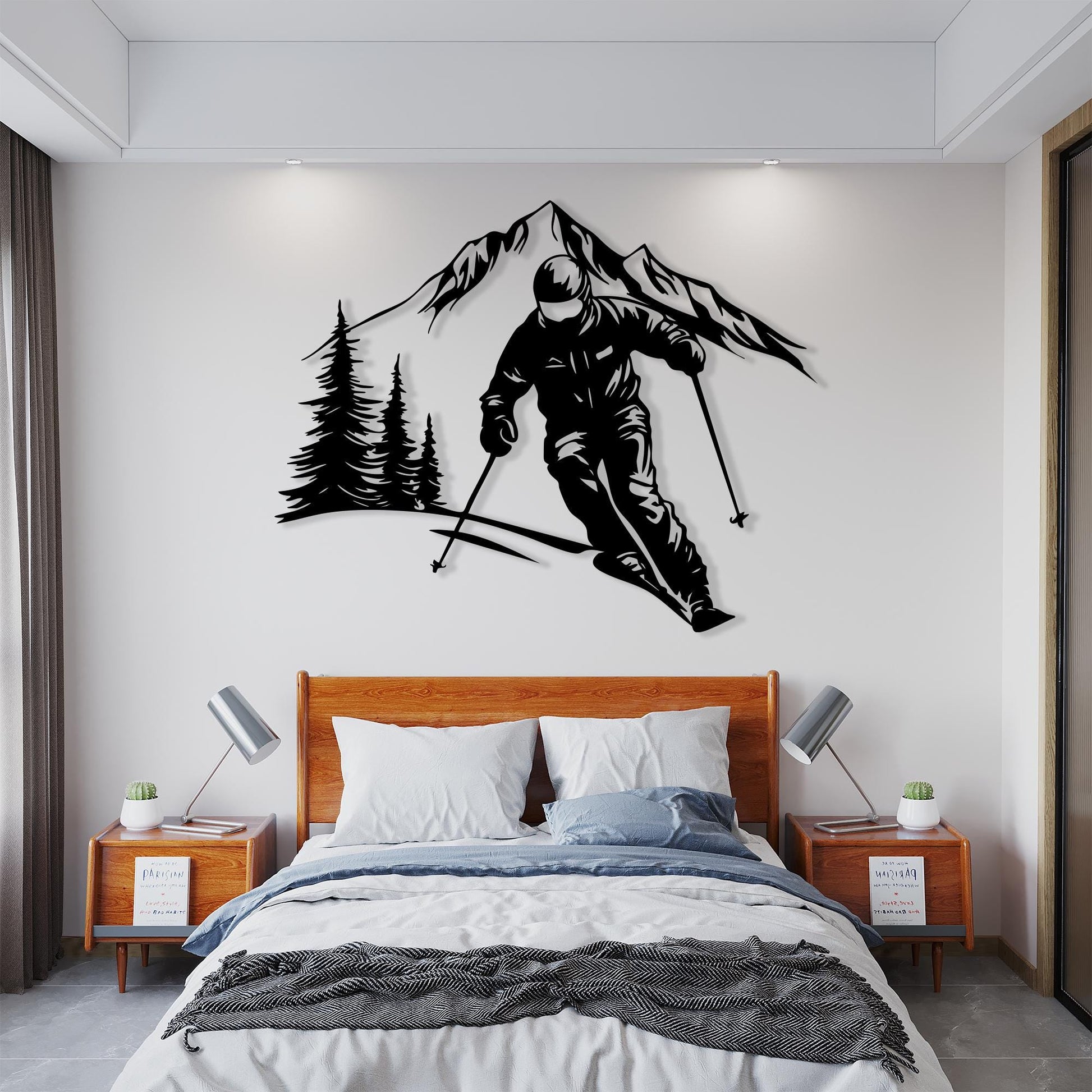 Skier and Moutain Metal Wall Art, Tree Scene Silhouette, Winter Sports Decor | Wallsignature