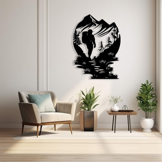 Hiker Metal Wall Art, Mountain Forest Adventure Decor | Wallsignature