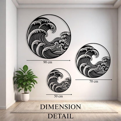 Japanese Wave Metal Wall Art size guide with dimensions in cm and inches