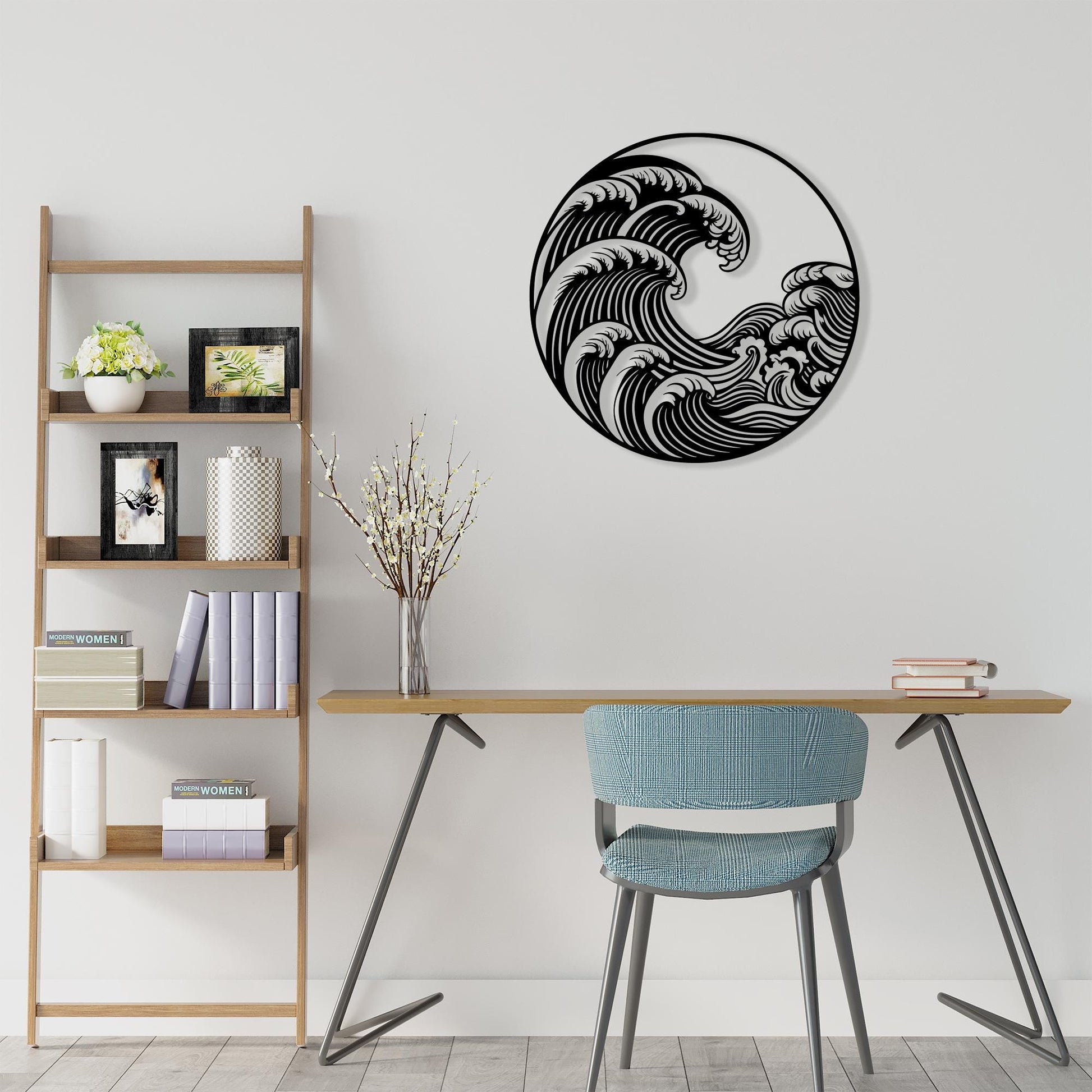Japanese Wave Metal Wall Art hanging hardware and mounting detail