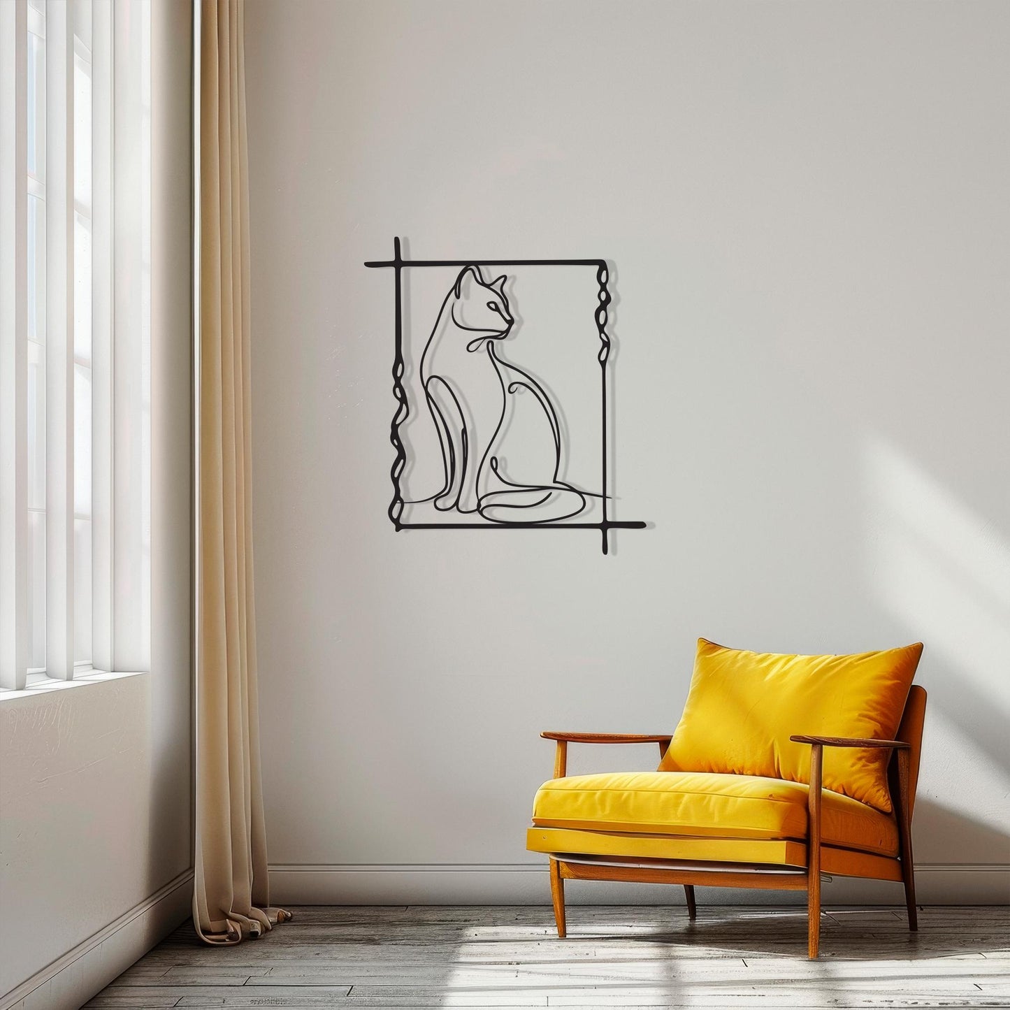 Minimalist Cat Line Art hanging hardware and mounting detail