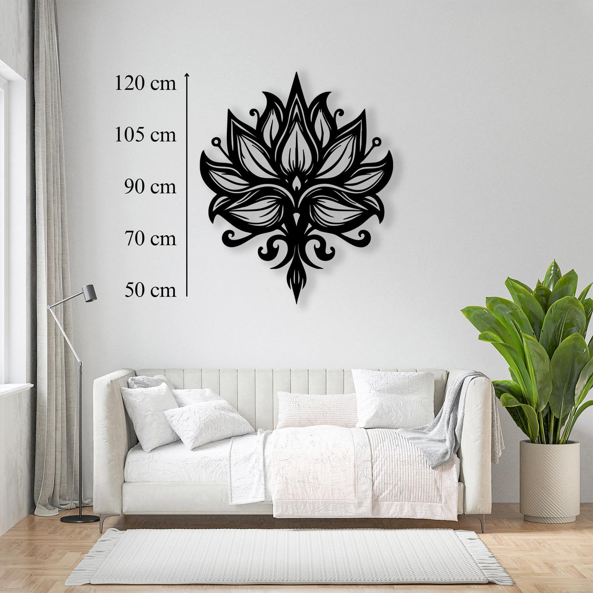 Lotus Flower Metal Wall Art size guide with dimensions in cm and inches