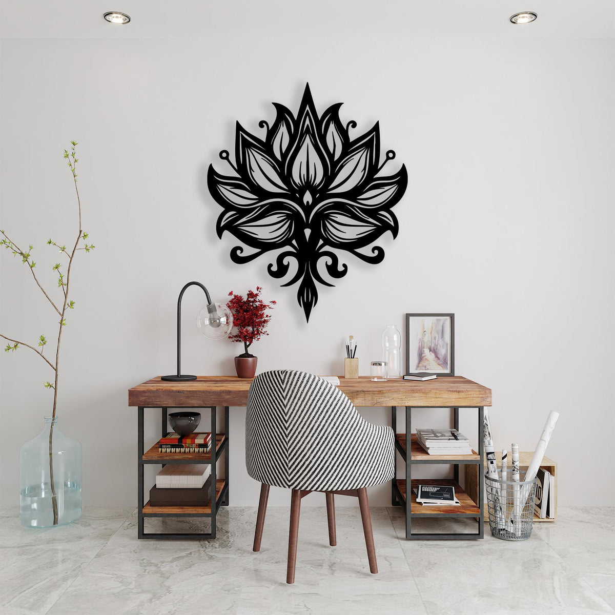 Lotus Flower Metal Wall Art in a modern hallway
