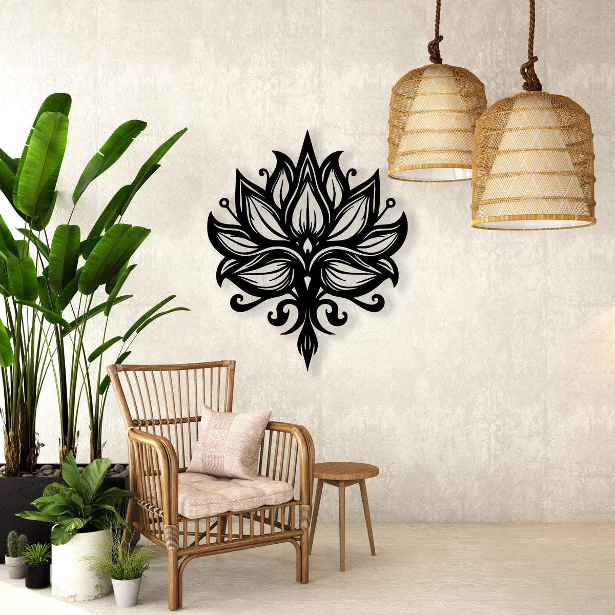 Lotus Flower Metal Wall Art hanging hardware and mounting detail