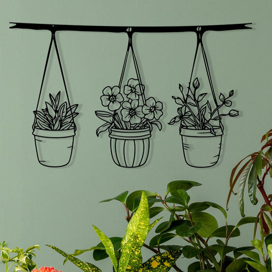 Botanical Metal Hanging Planter Wall Art shown on a living room wall