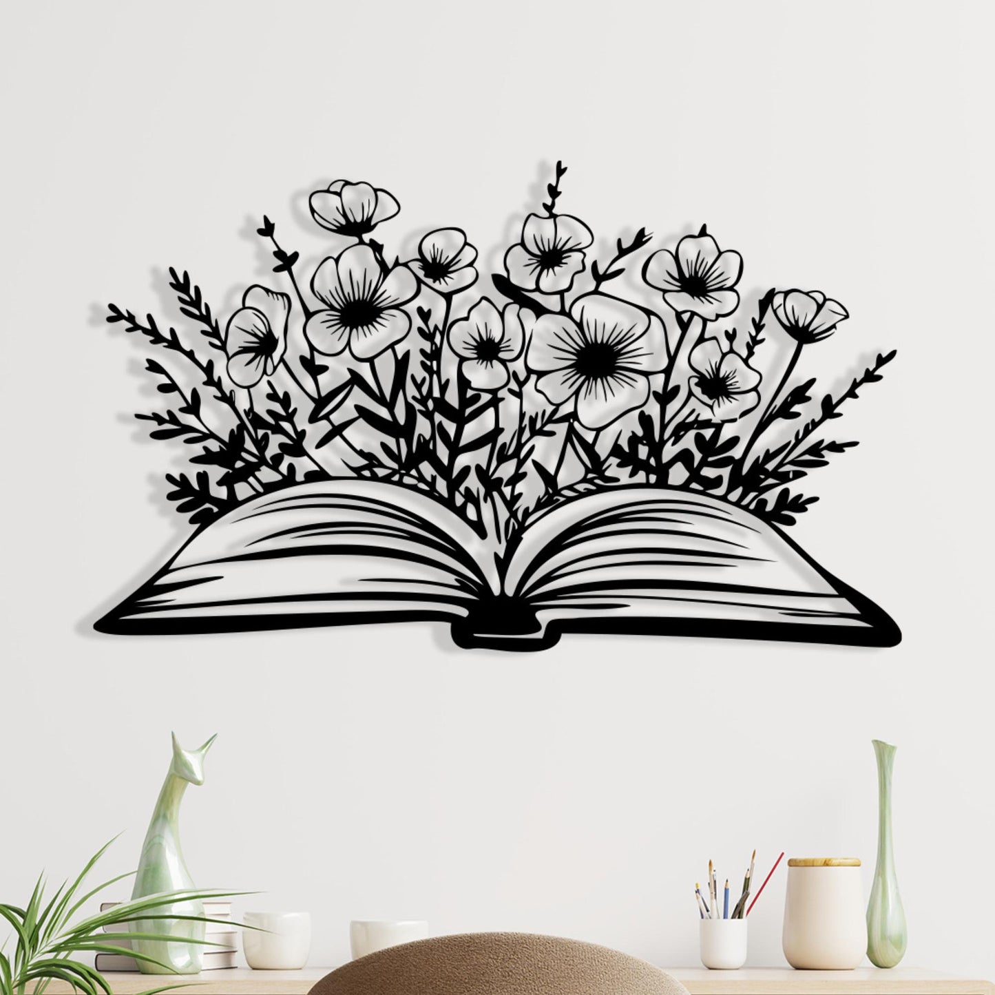 Book and Flowers Metal Wall Art, Botanical Home Decor, Unique Birthday Gift | Wallsignature