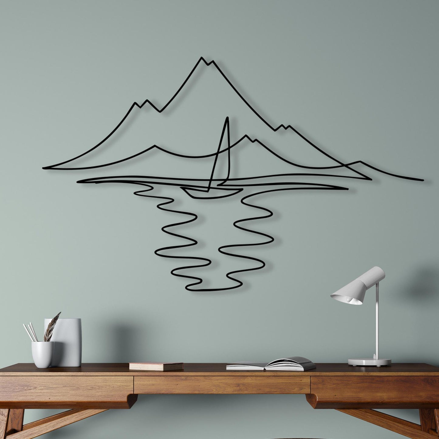 Minimalist Sailboat Metal Wall Art, Nautical Mountain Lake Decor | Wallsignature