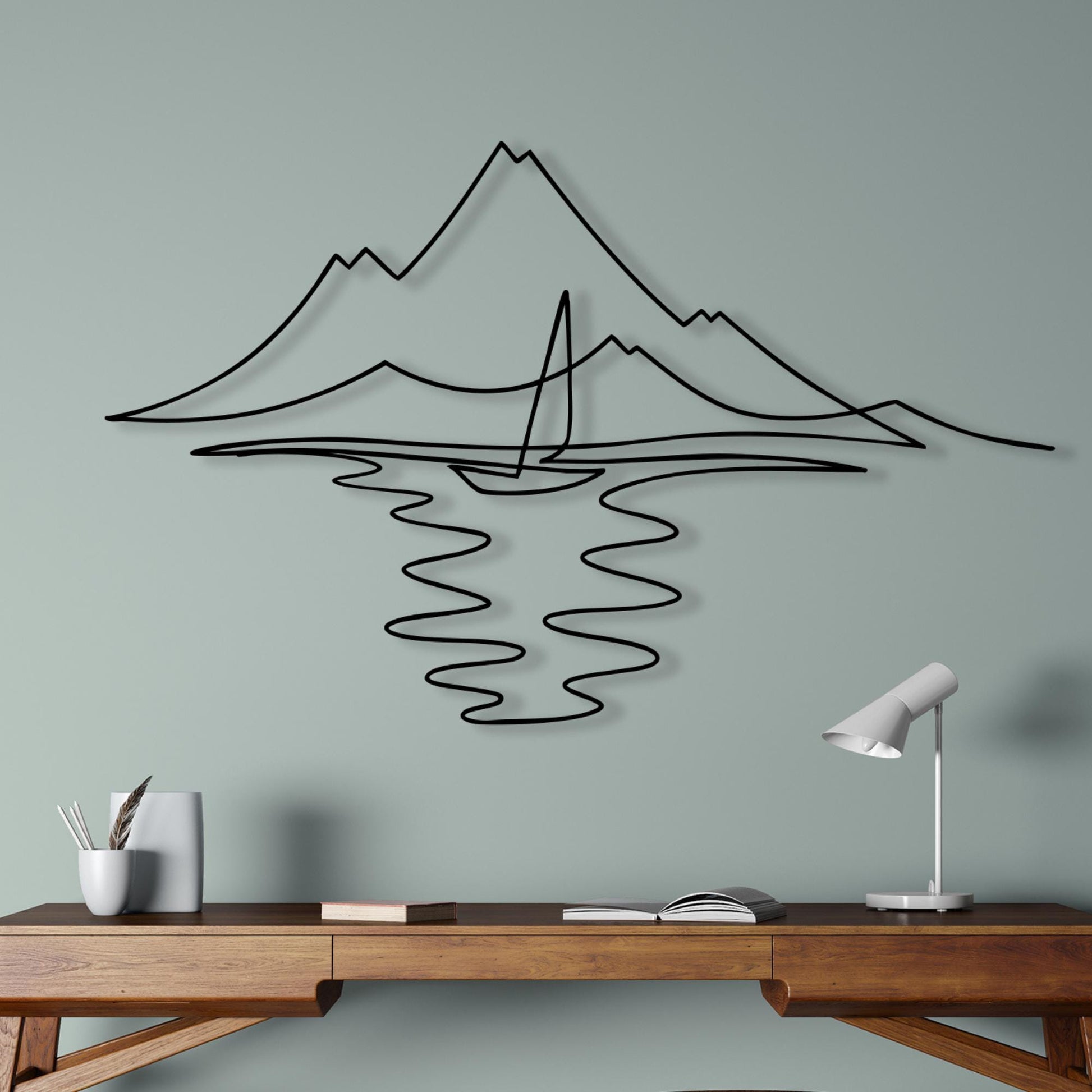 Minimalist Sailboat Metal Wall Art, Nautical Mountain Lake Decor | Wallsignature