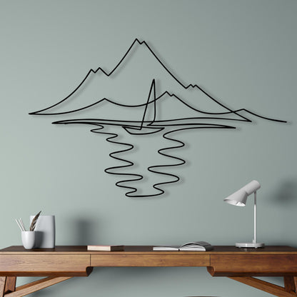 Minimalist Sailboat Metal Wall Art shown on a living room wall