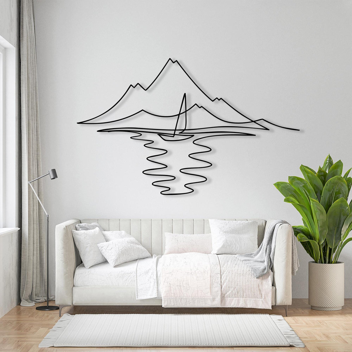Minimalist Sailboat Metal Wall Art in a modern hallway