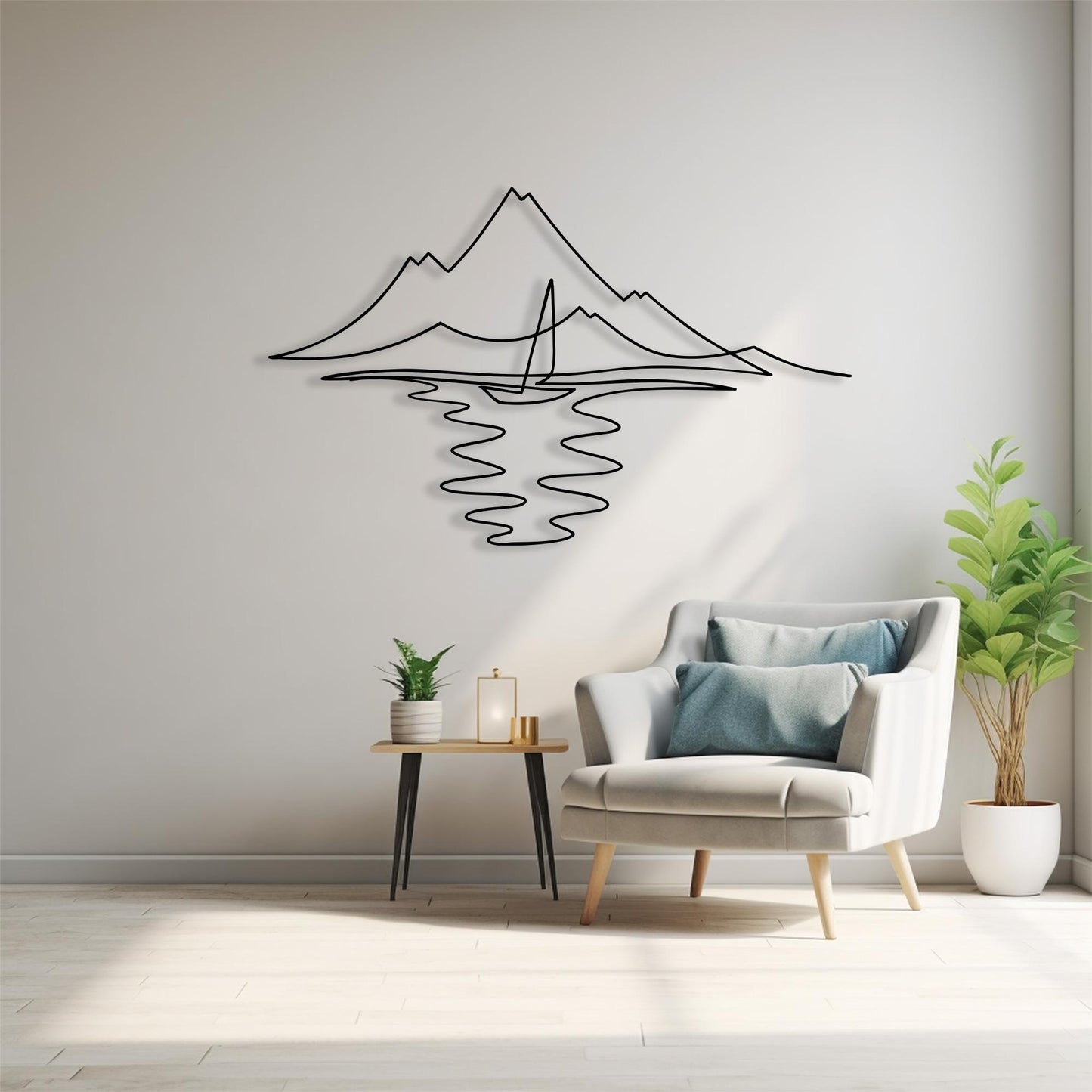 Minimalist Sailboat Metal Wall Art hanging hardware and mounting detail