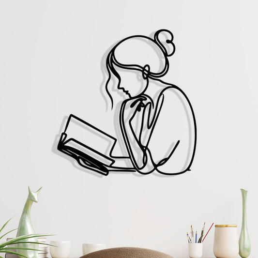 Minimalist Woman Reading Metal Wall Art – Book Lover Library Gift | Wallsignature