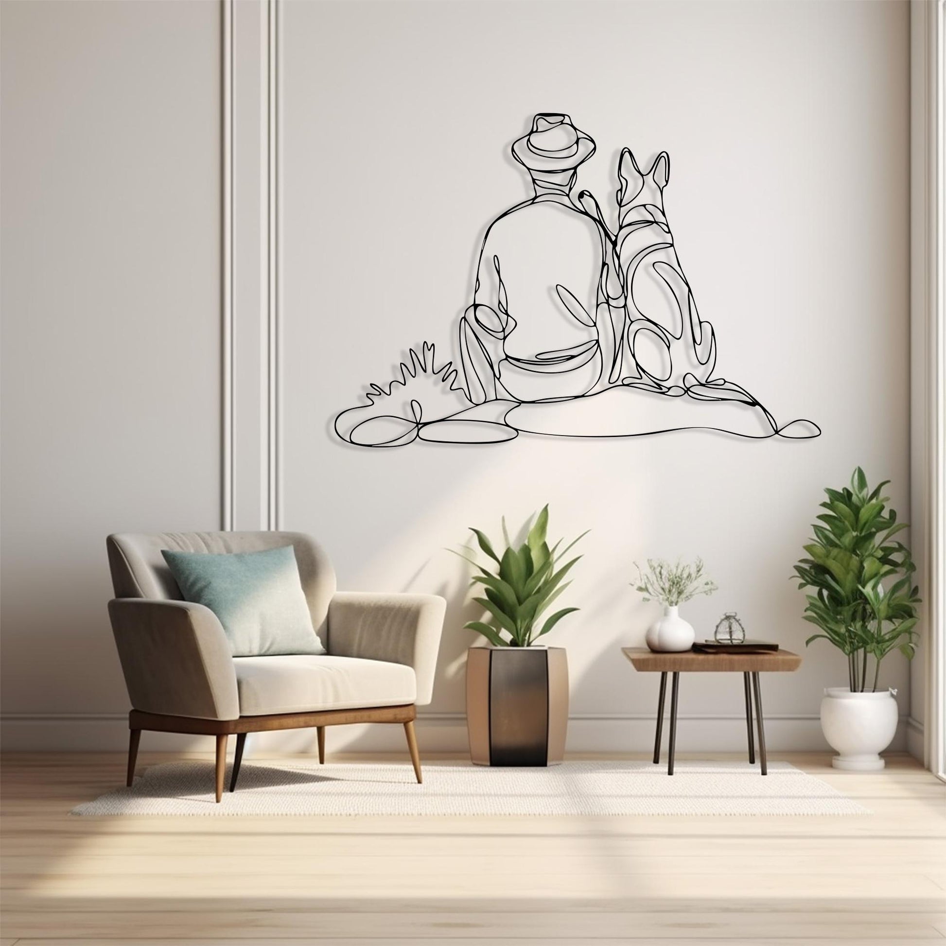 Man Dog Metal Wall Art, Minimalist Line Decor, Pet Memorial Gift | Wallsignature
