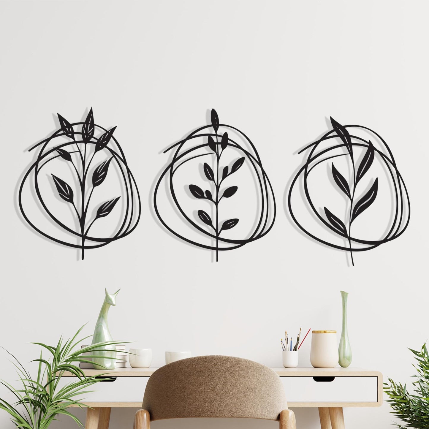 Botanical Metal Wall Art Set of 3, Minimalist Leaf Line Decor, Mother's Day Gift | Wallsignature