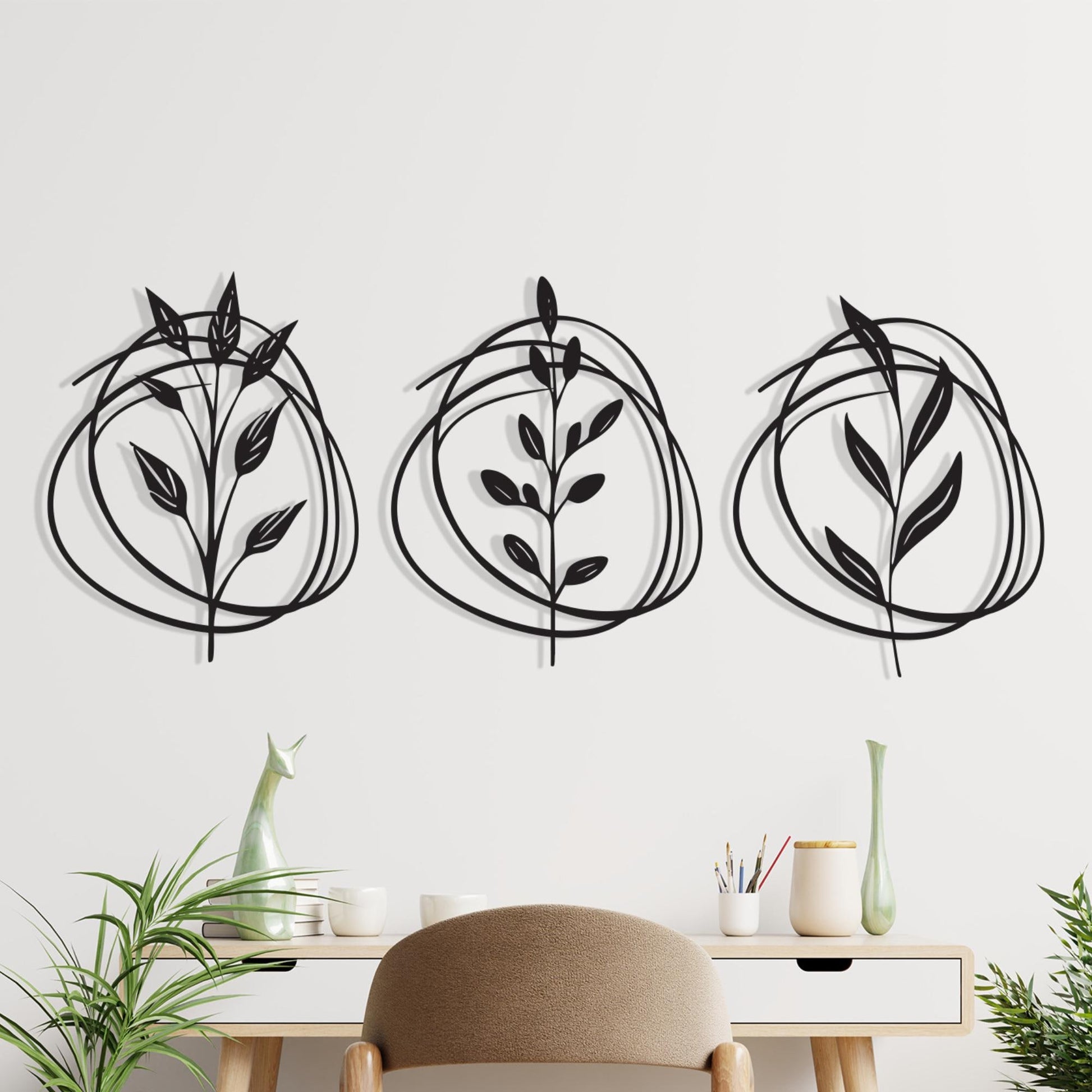 Botanical Metal Wall Art Set of 3, Minimalist Leaf Line Decor, Mother's Day Gift | Wallsignature