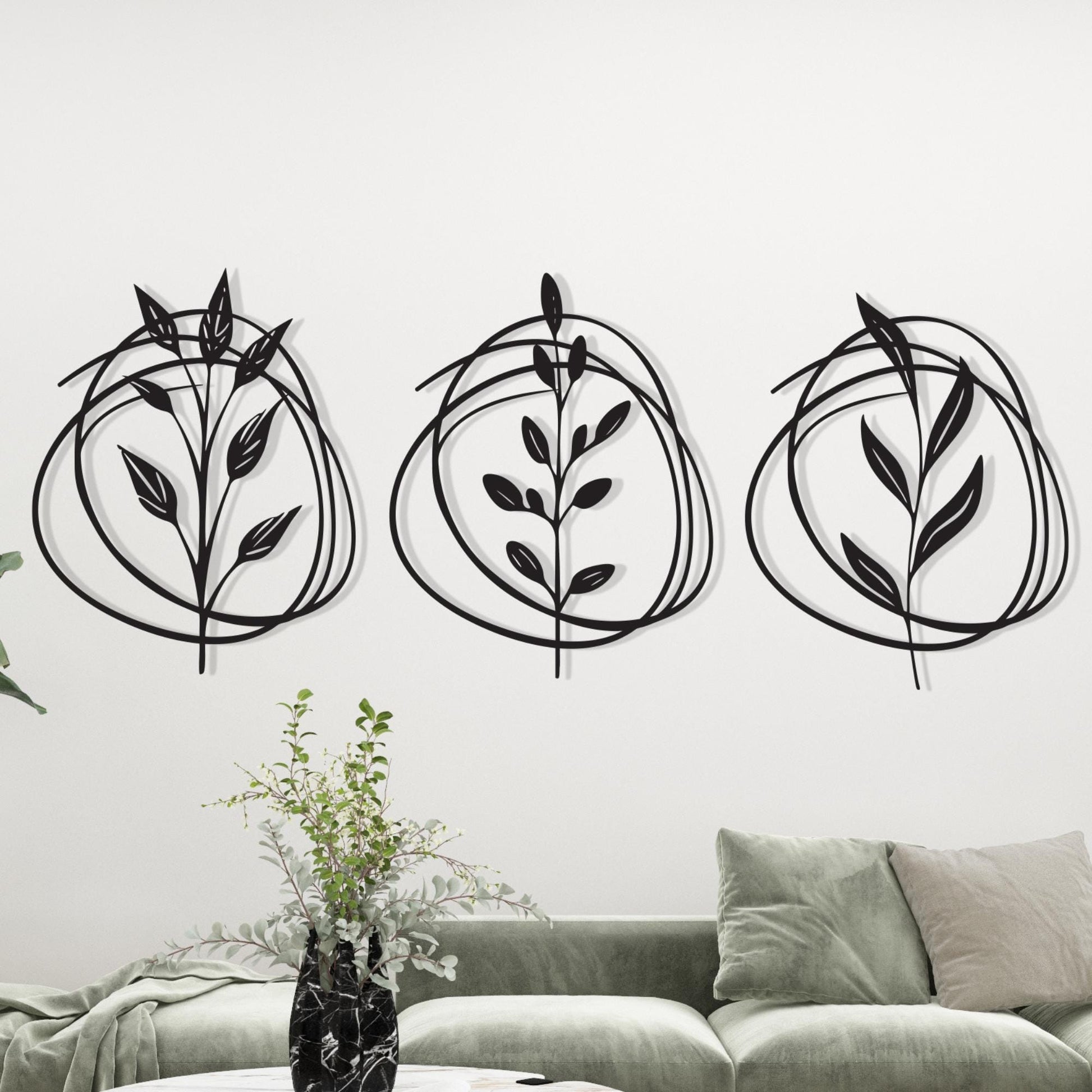 Botanical Metal Wall Art Set of 3, Minimalist Leaf Line Decor, Mother's Day Gift | Wallsignature