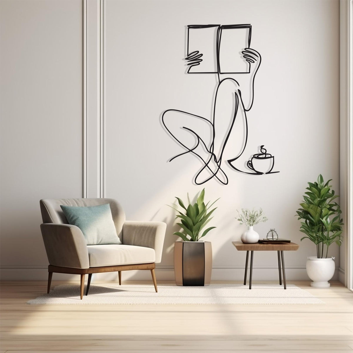 Coffee and Books Metal Wall Art in a modern hallway