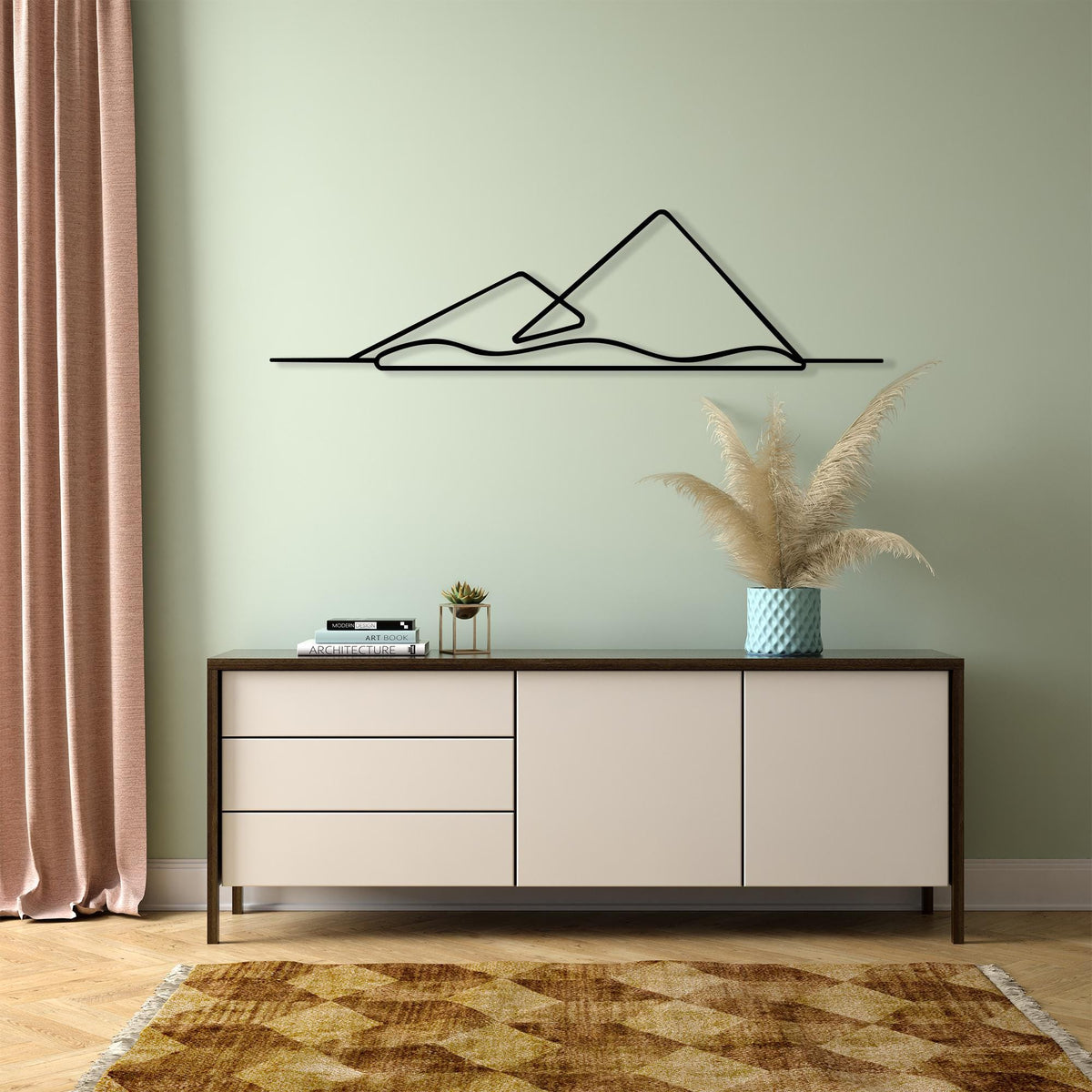 Minimalist Mountain Metal Wall Art hanging hardware and mounting detail