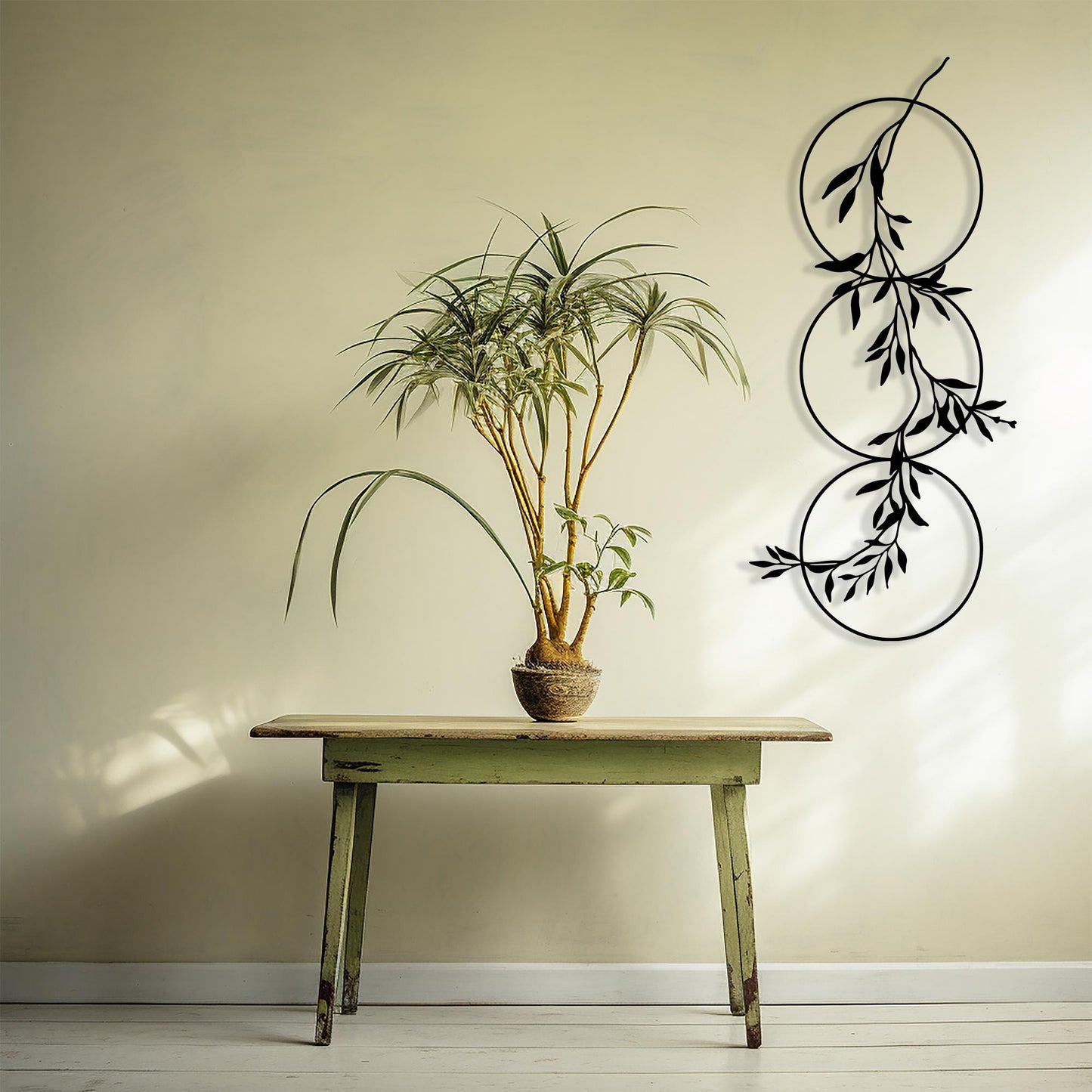 Vertical Metal Wall Art, Botanical Olive Branch, 3 Circle Vine Decor, Narrow Hallway Sign | Wallsignature