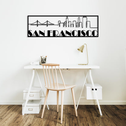 San Francisco Skyline Metal Wall Art shown on a living room wall