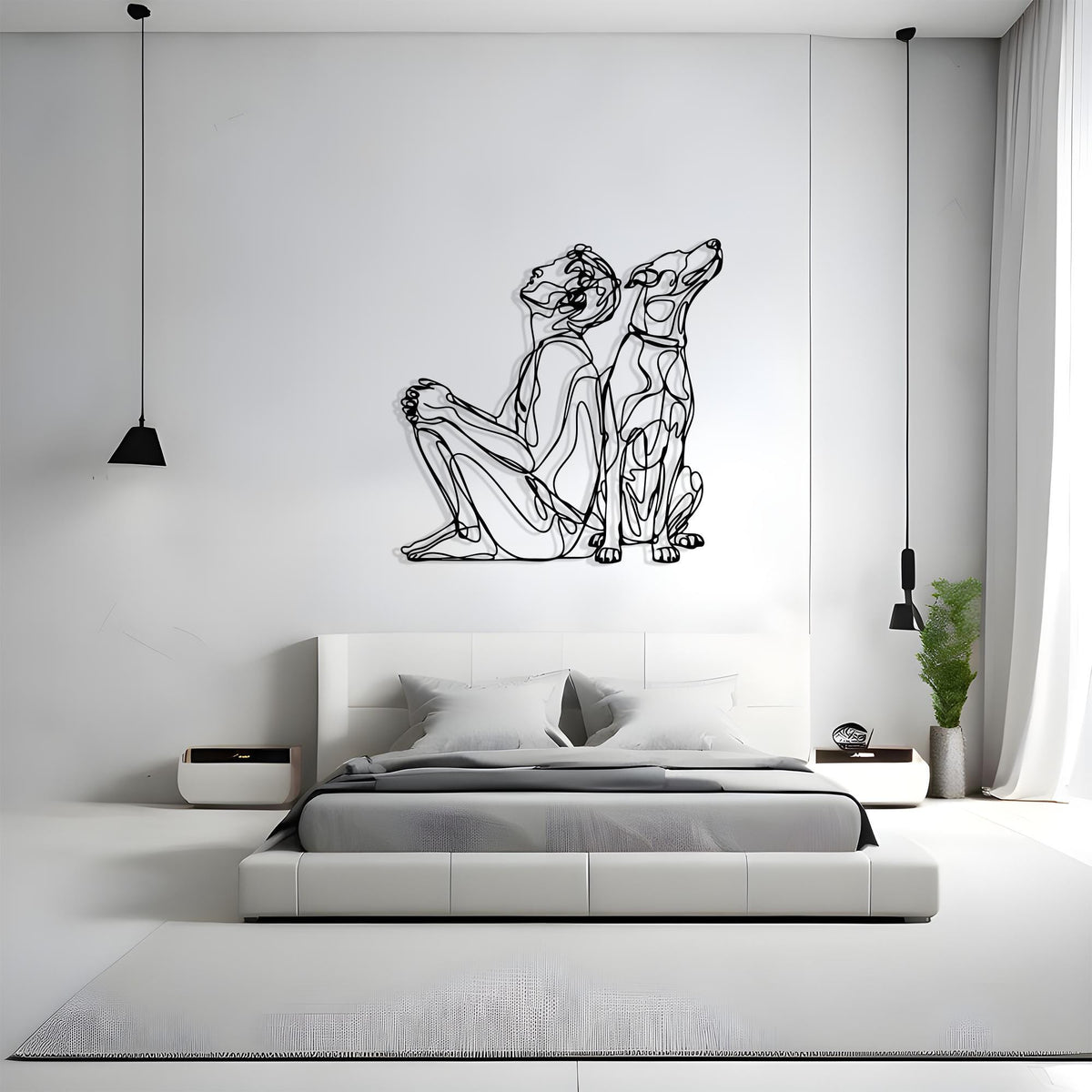 Modern Line Art Dog and Owner Metal Wall Decor size guide with dimensions in cm and inches