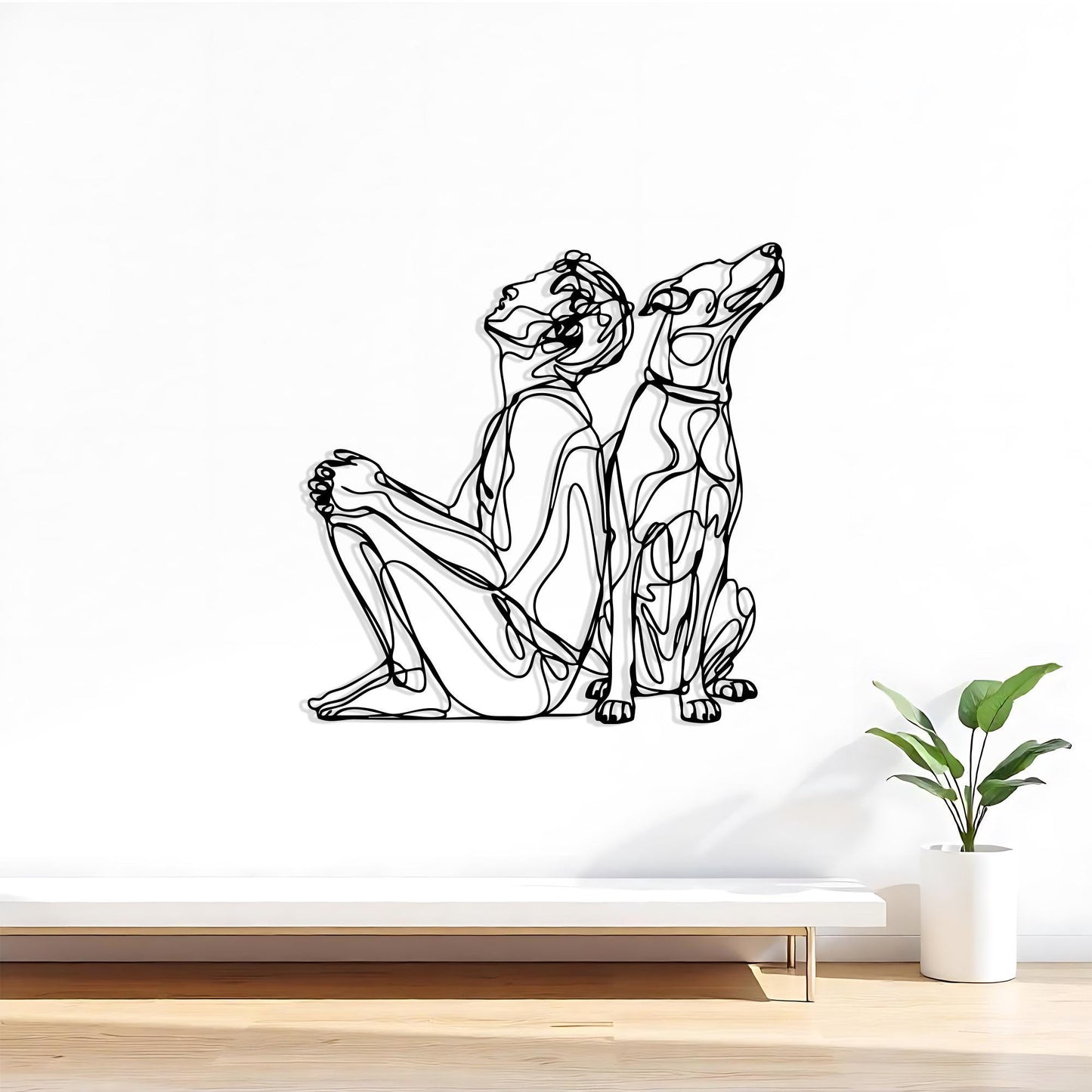Modern Line Art Dog and Owner Metal Wall Decor – laser-cut steel wall decor