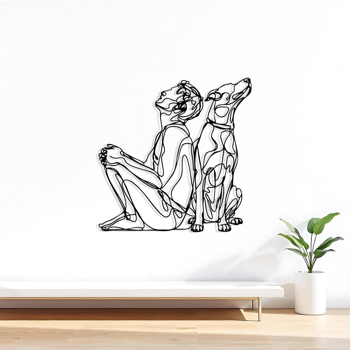 Modern Line Art Dog and Owner Metal Wall Decor – laser-cut steel wall decor