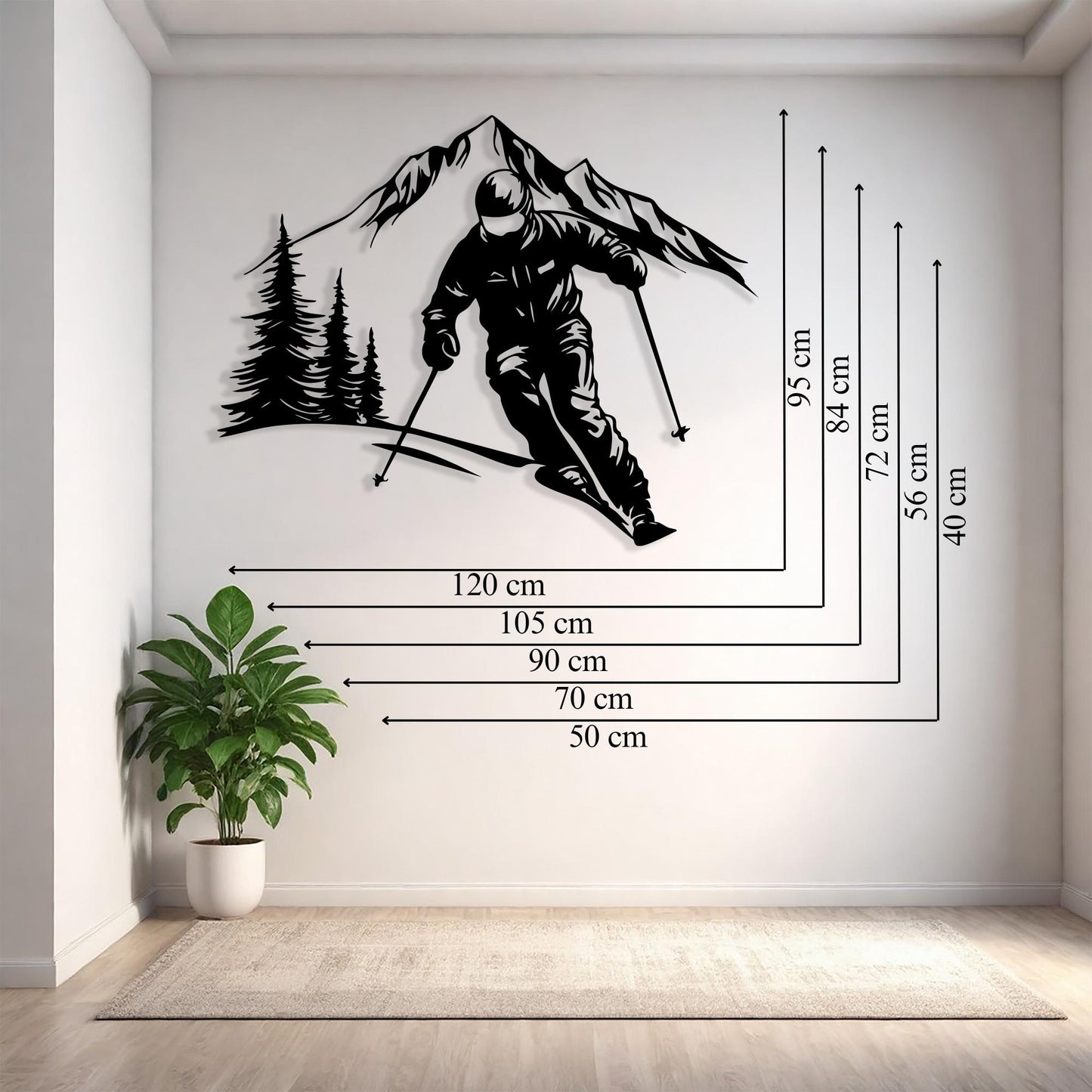 Skier and Moutain Metal Wall Art, Tree Scene Silhouette, Winter Sports Decor | Wallsignature