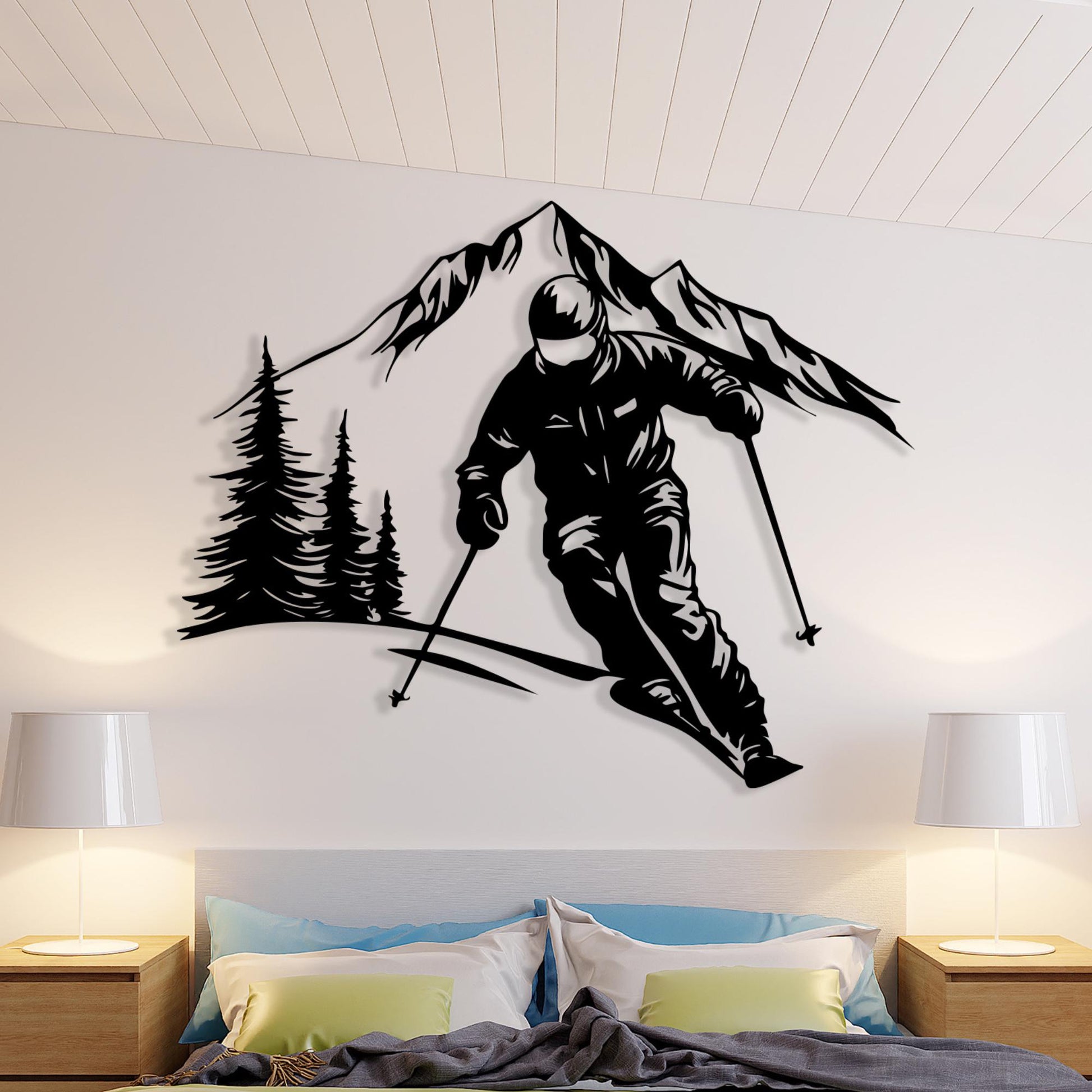 Skier and Moutain Metal Wall Art, Tree Scene Silhouette, Winter Sports Decor | Wallsignature
