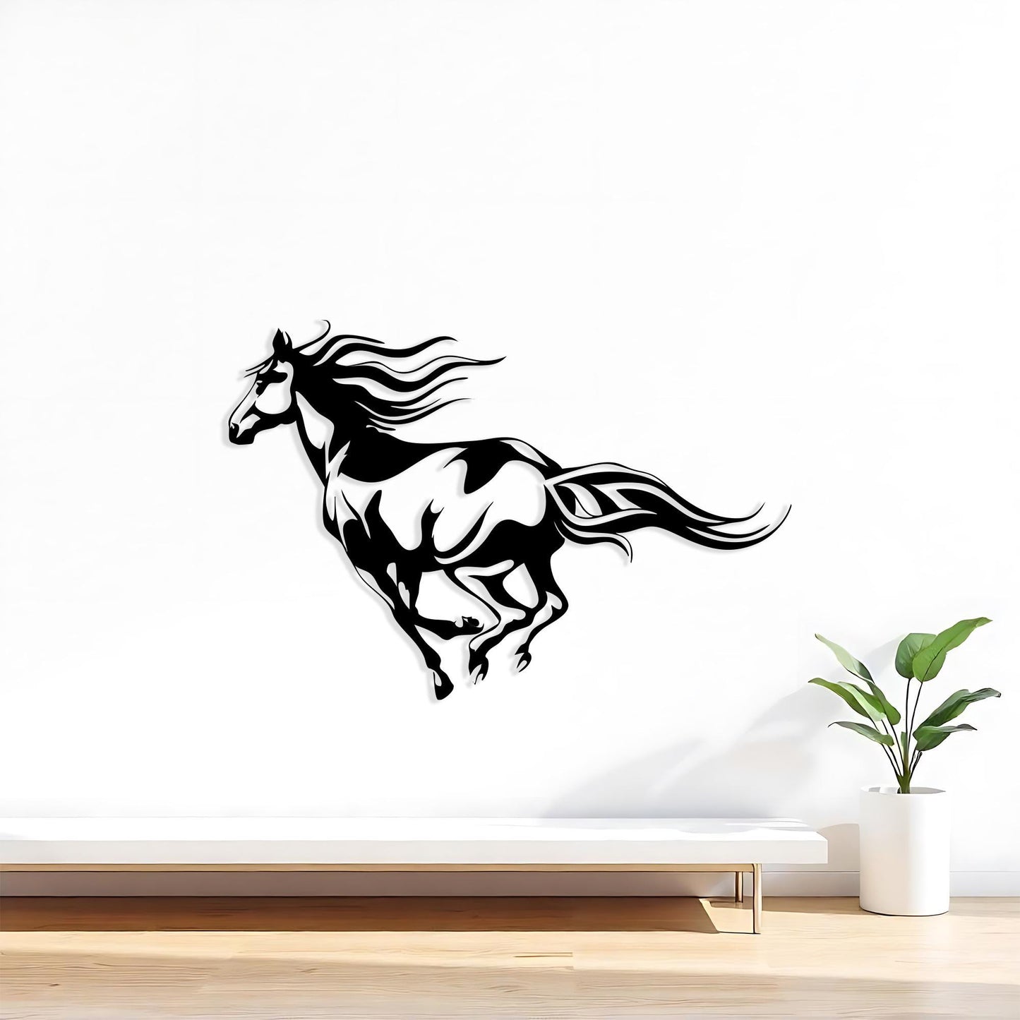 Metal Horse Wall Decor shown on a living room wall