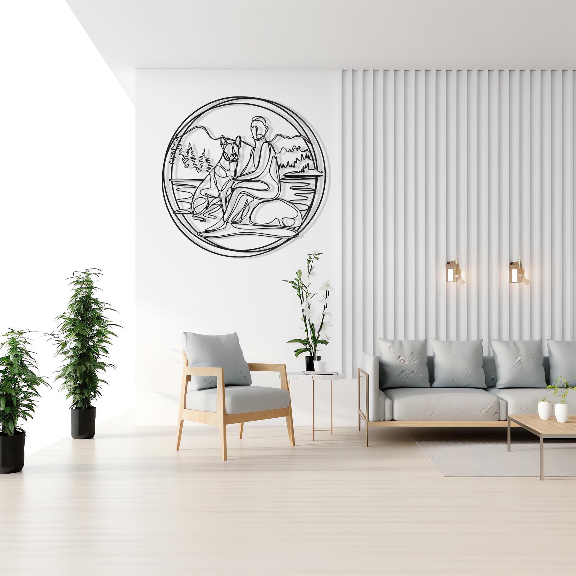 Minimalist Dog and Owner Metal Wall Art bedroom interior styling