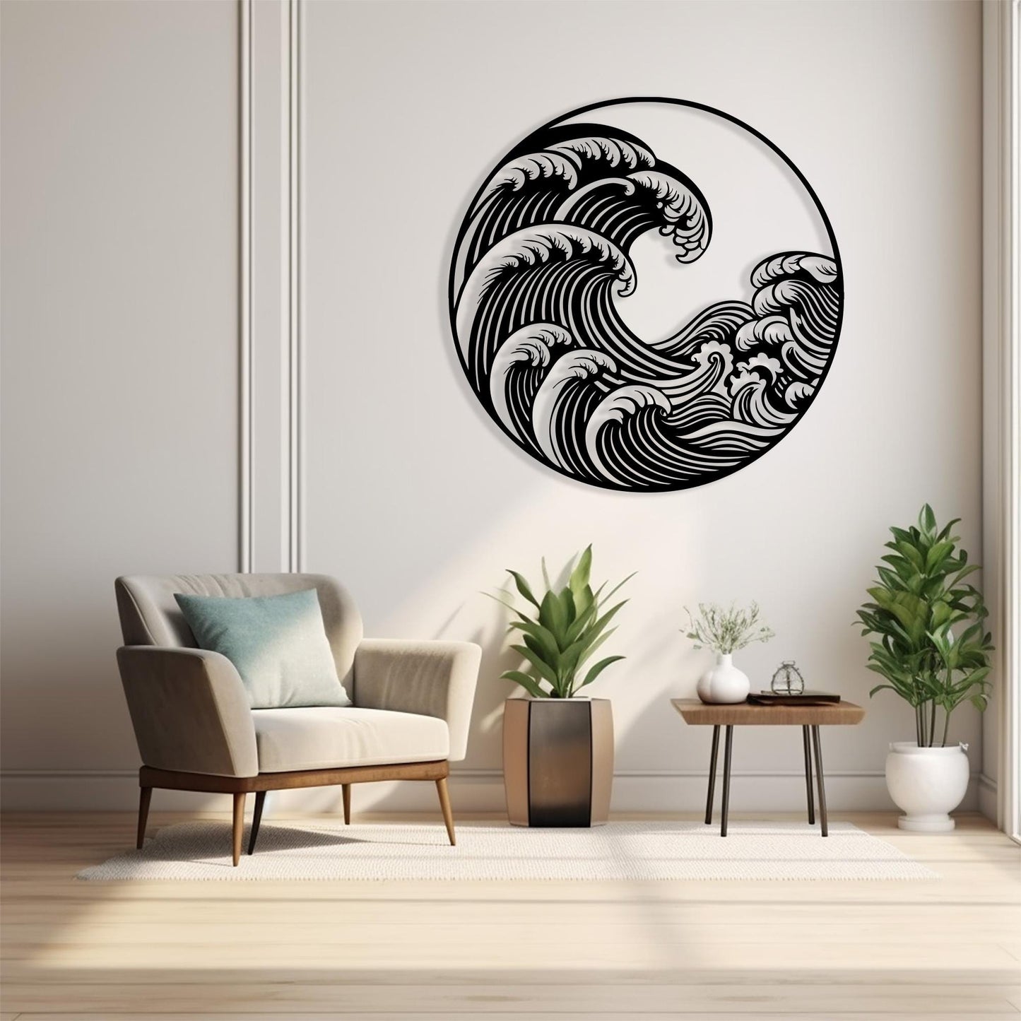 Japanese Wave Metal Wall Art, Ocean Circle Wall Decor