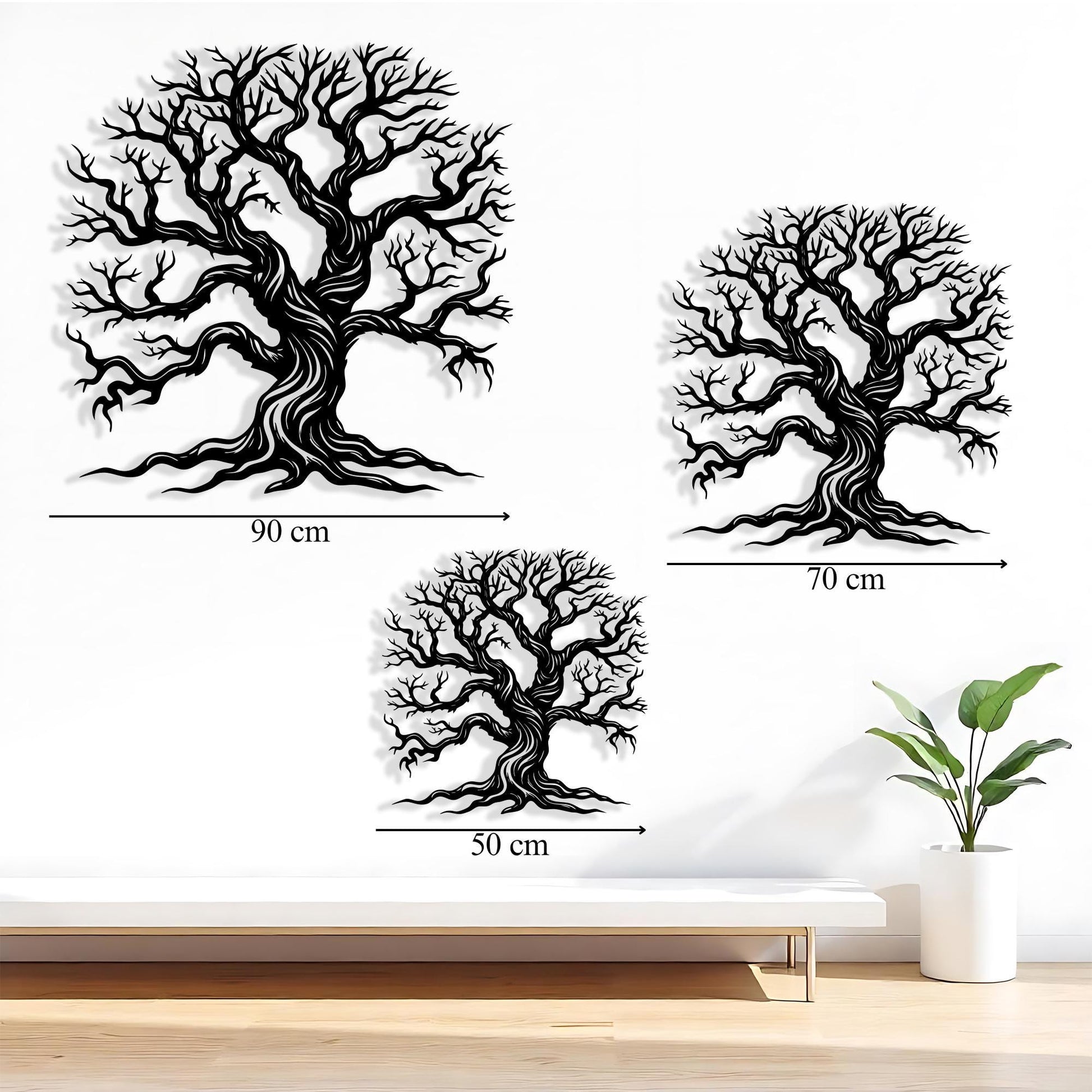 Gothic Tree of Life Metal Wall Art size guide with dimensions in cm and inches