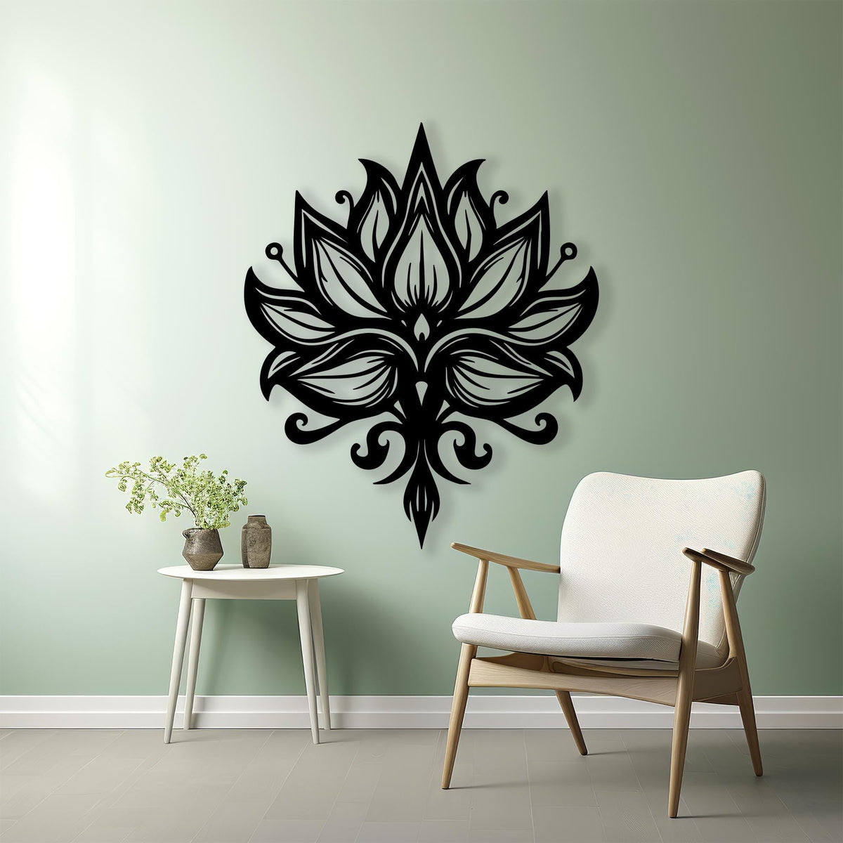 Lotus Flower Metal Wall Art styled above a sofa