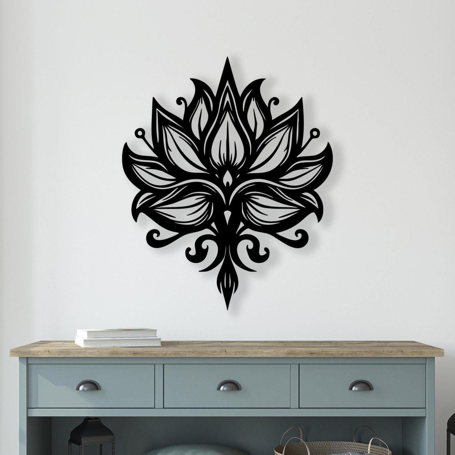 Lotus Flower Metal Wall Art shown on a living room wall