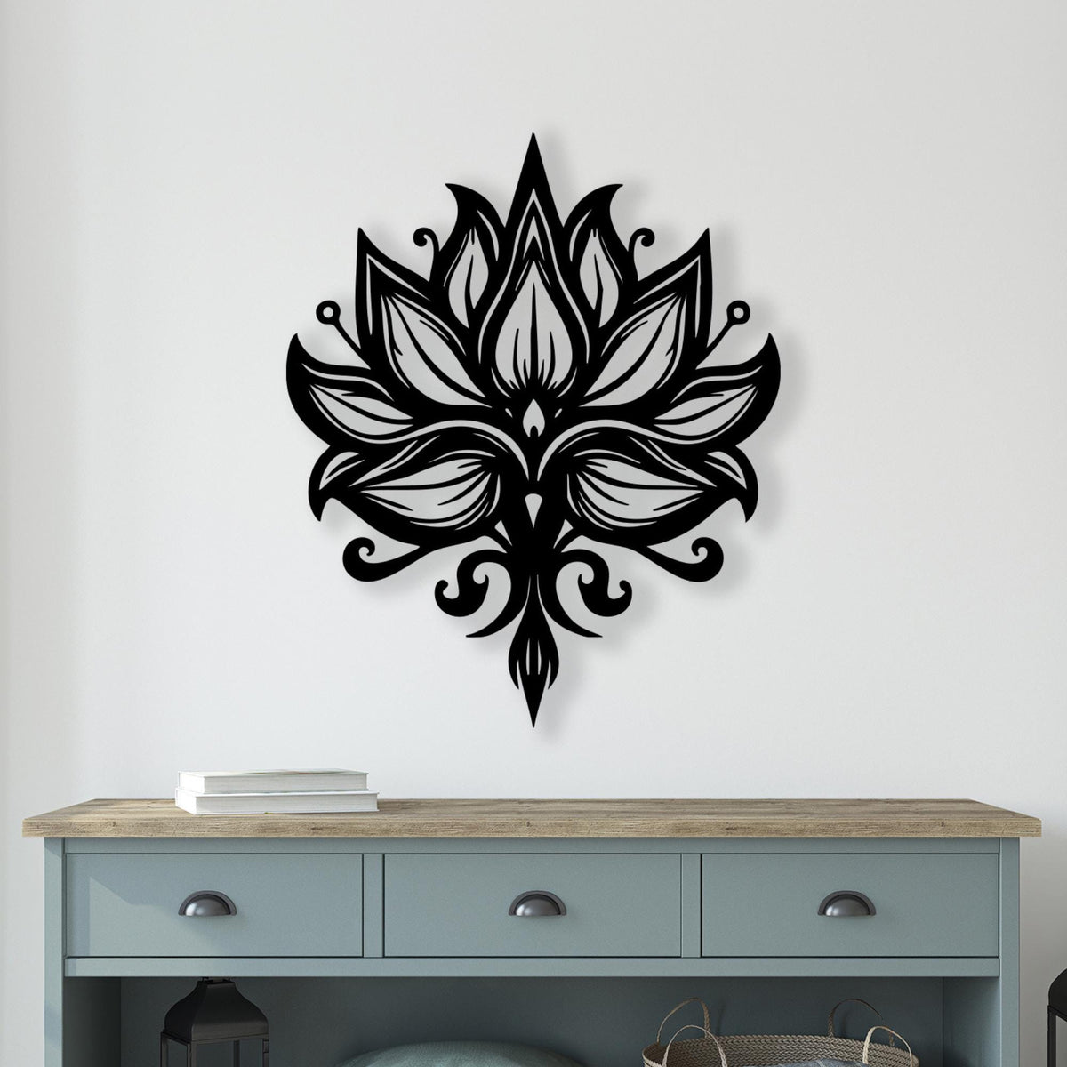 Lotus Flower Metal Wall Art shown on a living room wall