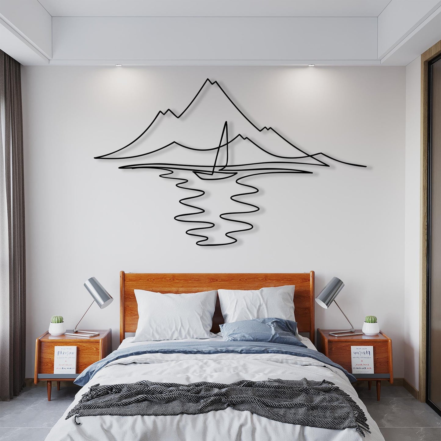 Minimalist Sailboat Metal Wall Art, Nautical Mountain Lake Decor | Wallsignature