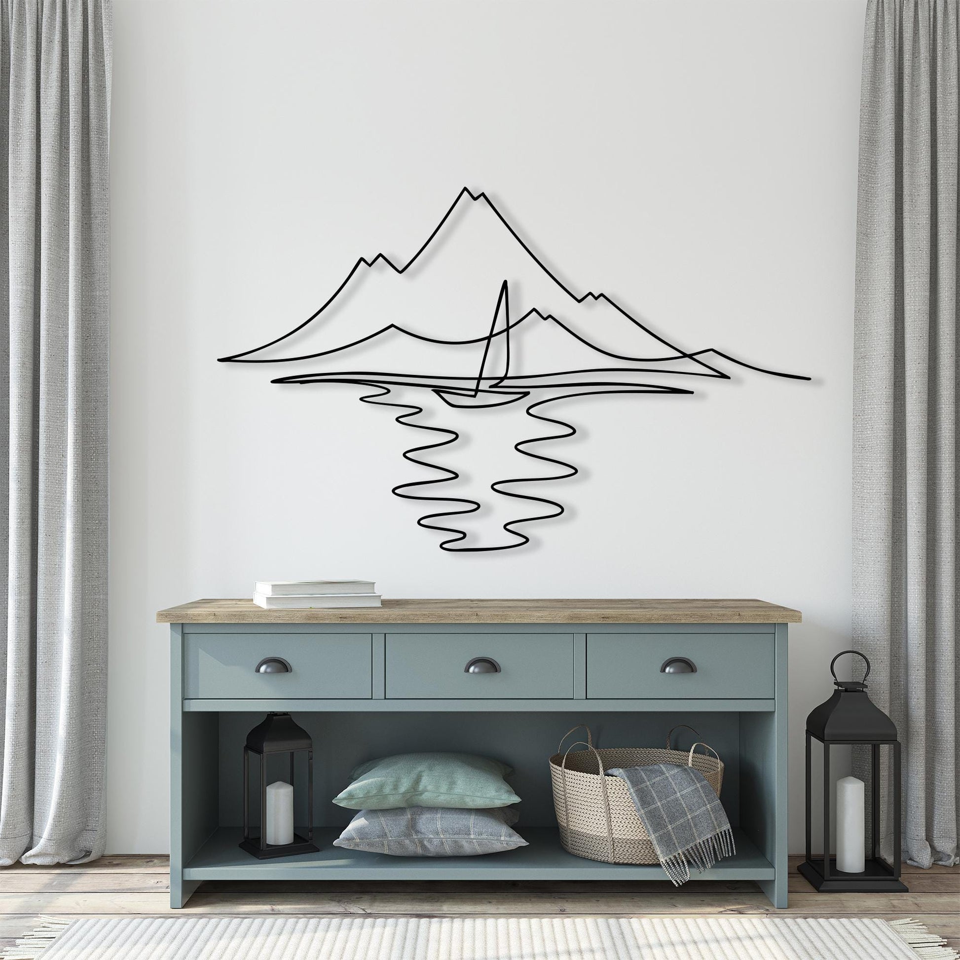 Minimalist Sailboat Metal Wall Art, Nautical Mountain Lake Decor | Wallsignature