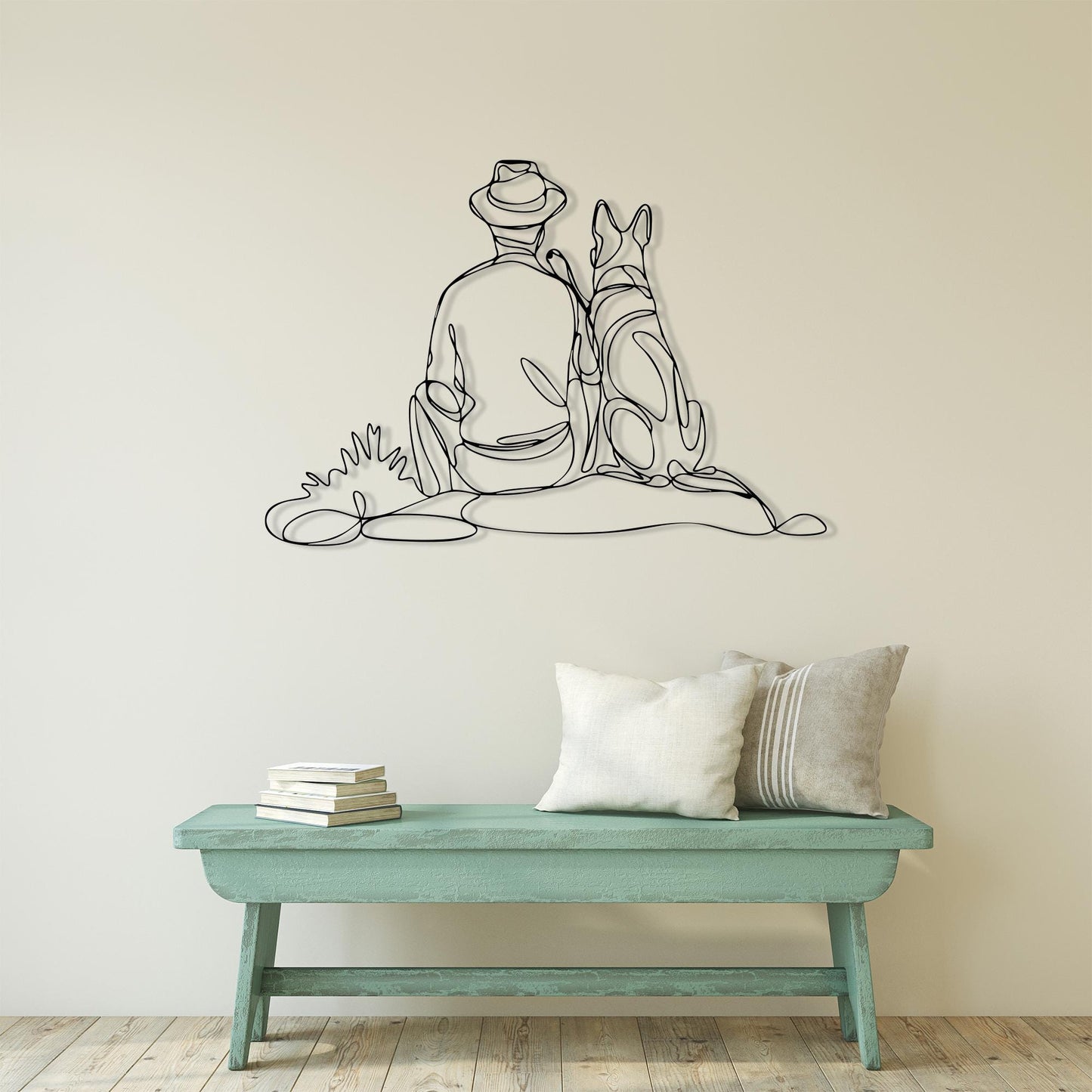 Man Dog Metal Wall Art shown on a living room wall