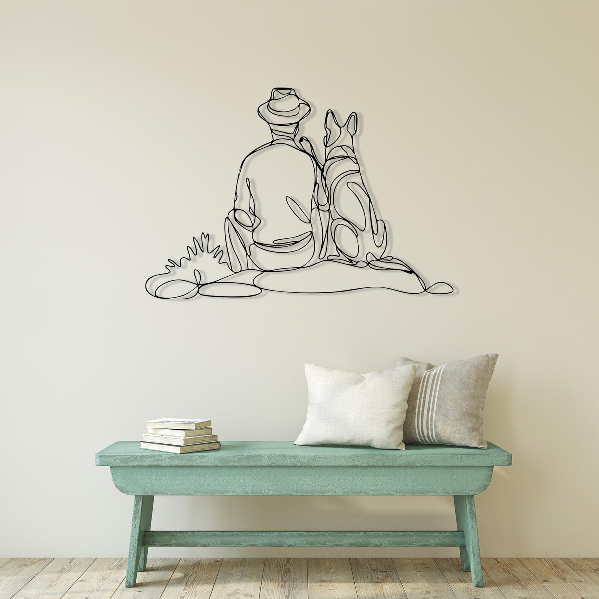 Man Dog Metal Wall Art shown on a living room wall