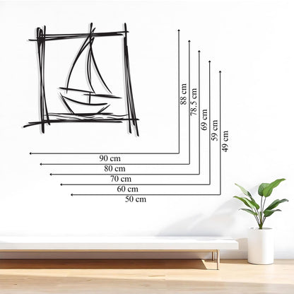 Minimalist Sailboat Metal Wall Art styled above a sofa