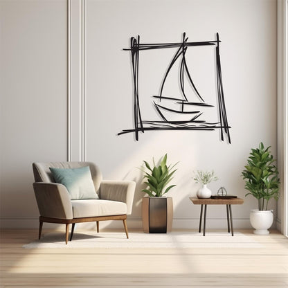 Minimalist Sailboat Metal Wall Art size guide with dimensions in cm and inches